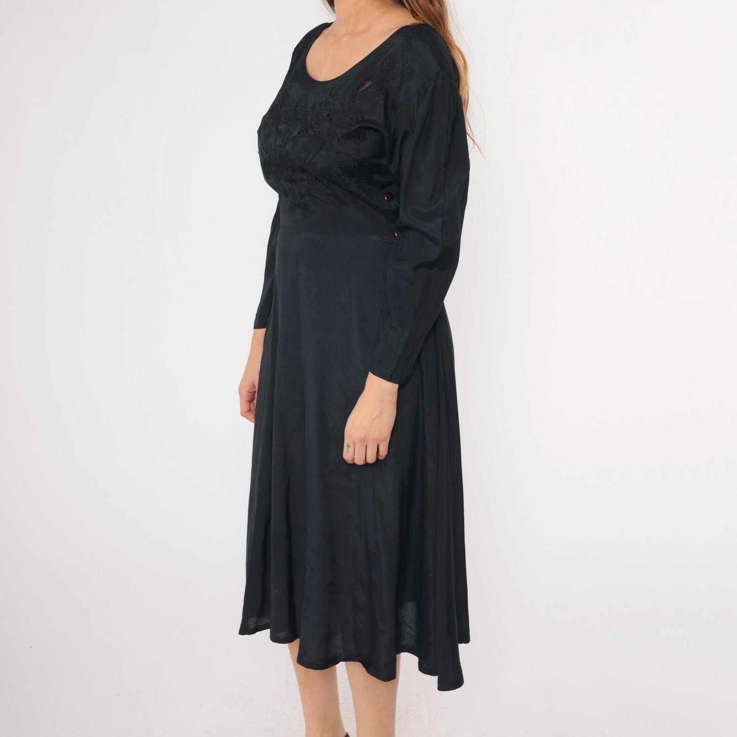 90s Black Floral Embroidery Midi Dress Mesh Cutout Puff Sleeve Small