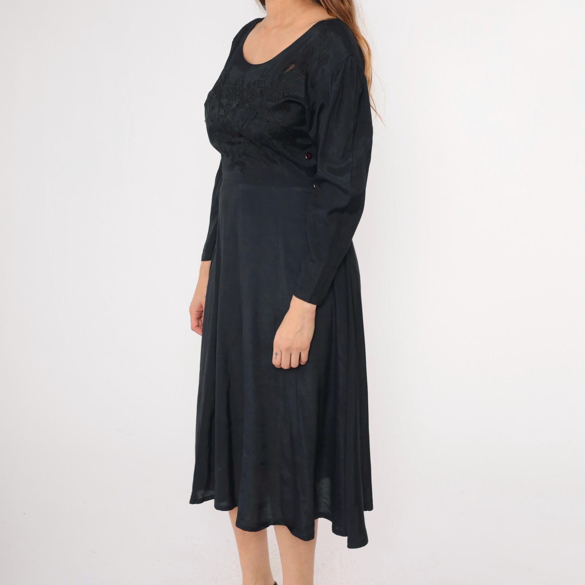 90s Black Floral Embroidery Midi Dress Mesh Cutout Puff Sleeve Small