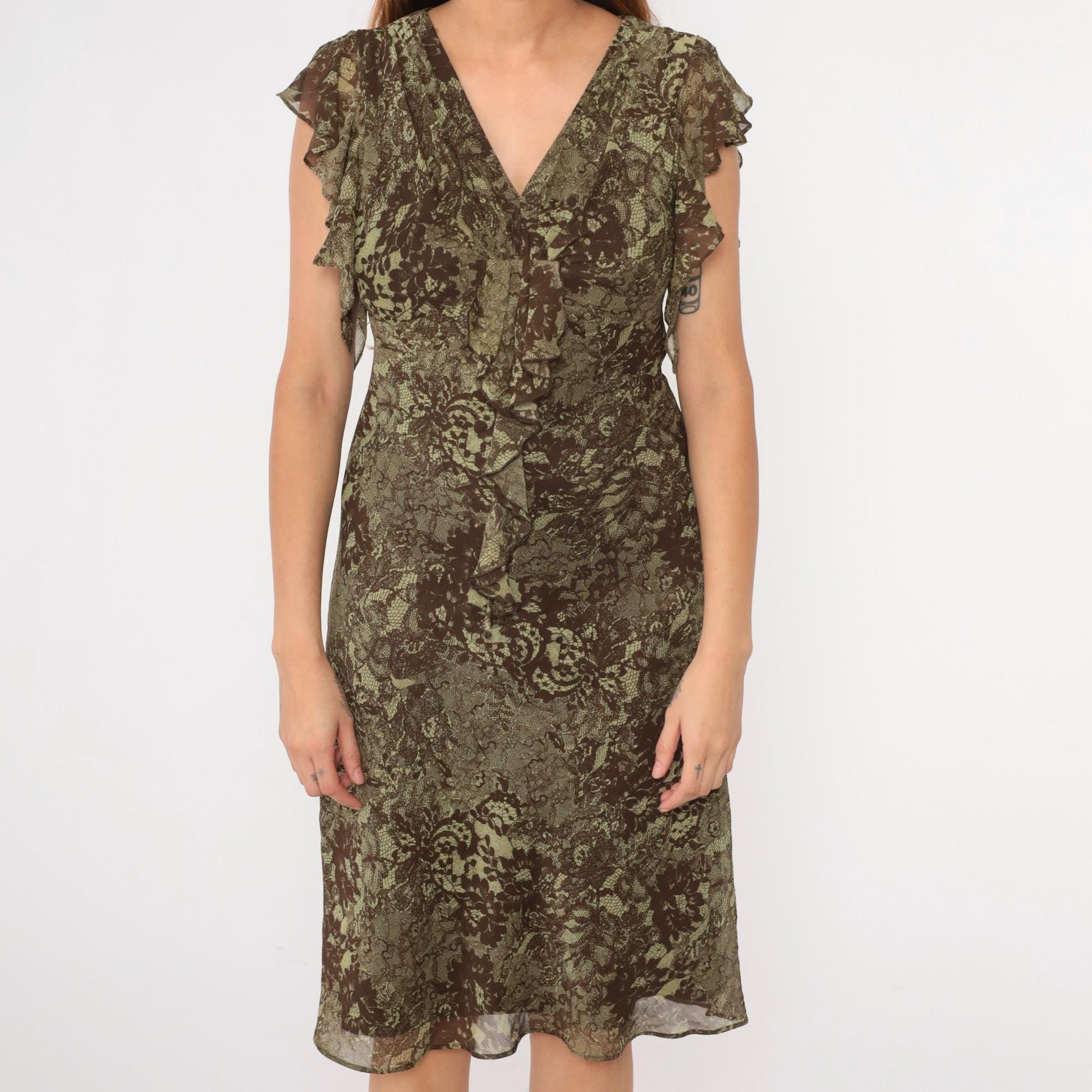 Y2K Floral Chiffon Midi Dress Brown Green Empire Waist V-Neck Small 6