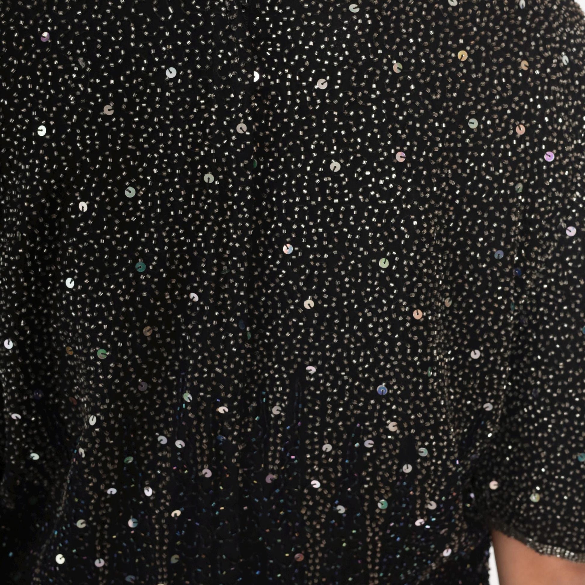90s Black Silk Beaded Sequin Mini Dress Sleeveless Shift Medium Large