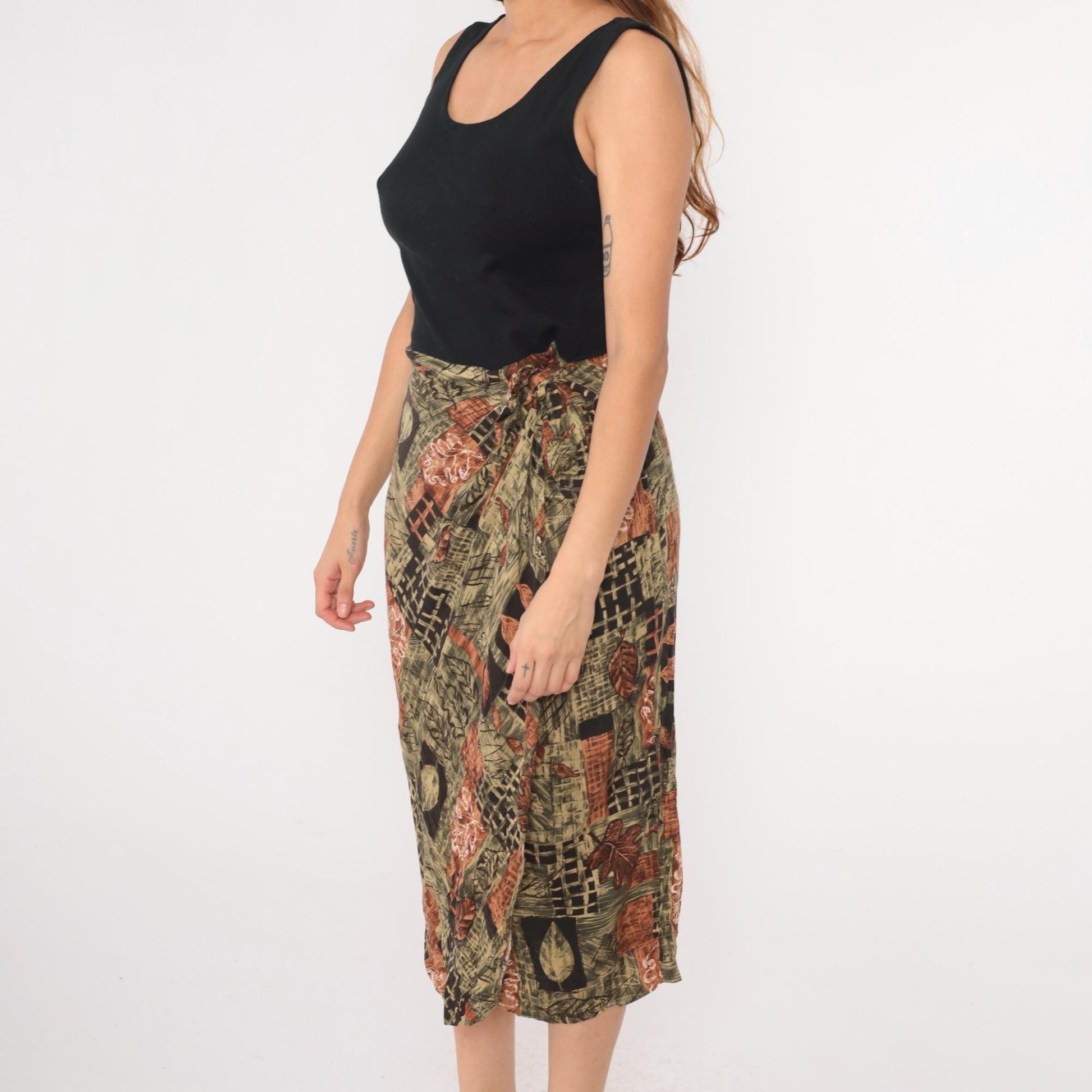 90s UM & Company Leaf Print Midi Dress Black High Waist Wrap Sleeveless Medium