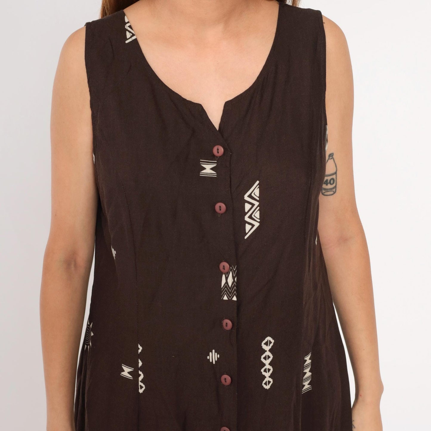 Y2K African Print Maxi Dress Brown Button-Up Sleeveless Geometric Cage Back Extra Large XL