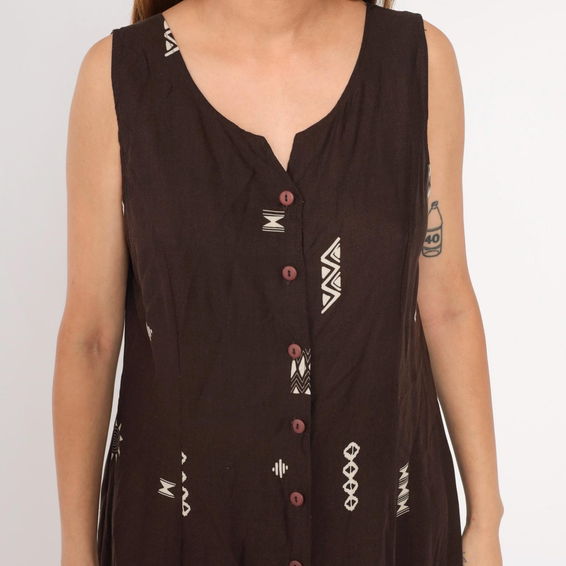 Y2K African Print Maxi Dress Brown Button-Up Sleeveless Geometric Cage Back Extra Large XL