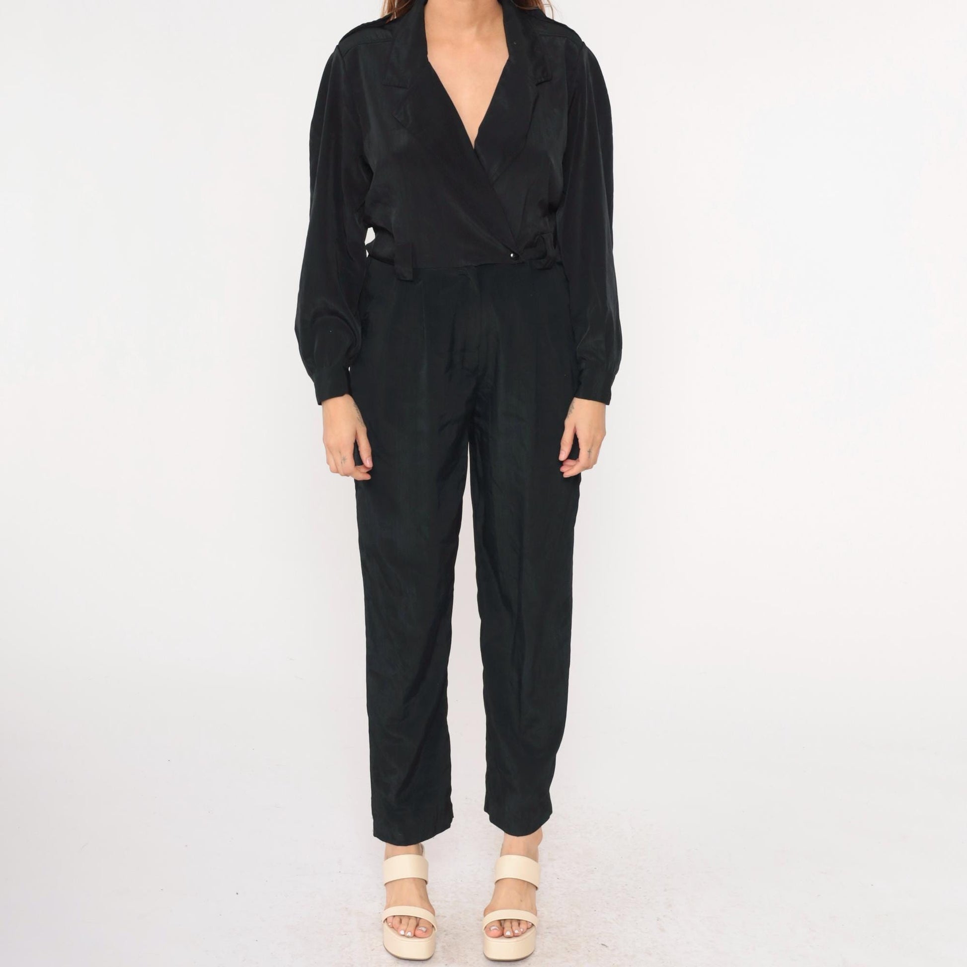 90s Black Jumpsuit V-Neck Wrap High Waisted Straight Leg Long Sleeve Small