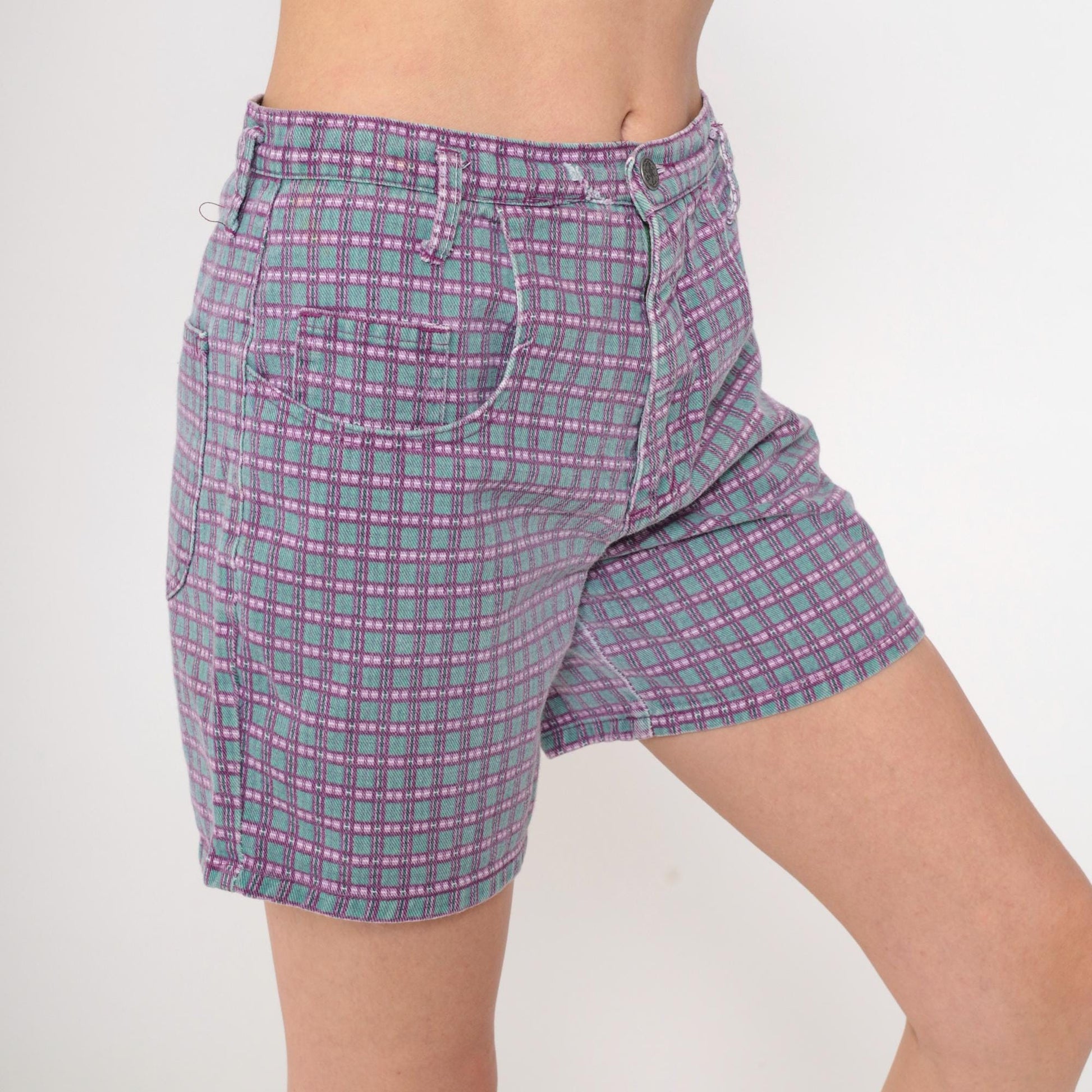 90s Wet Seal Checkered Denim Shorts High Waist Purple Green Small