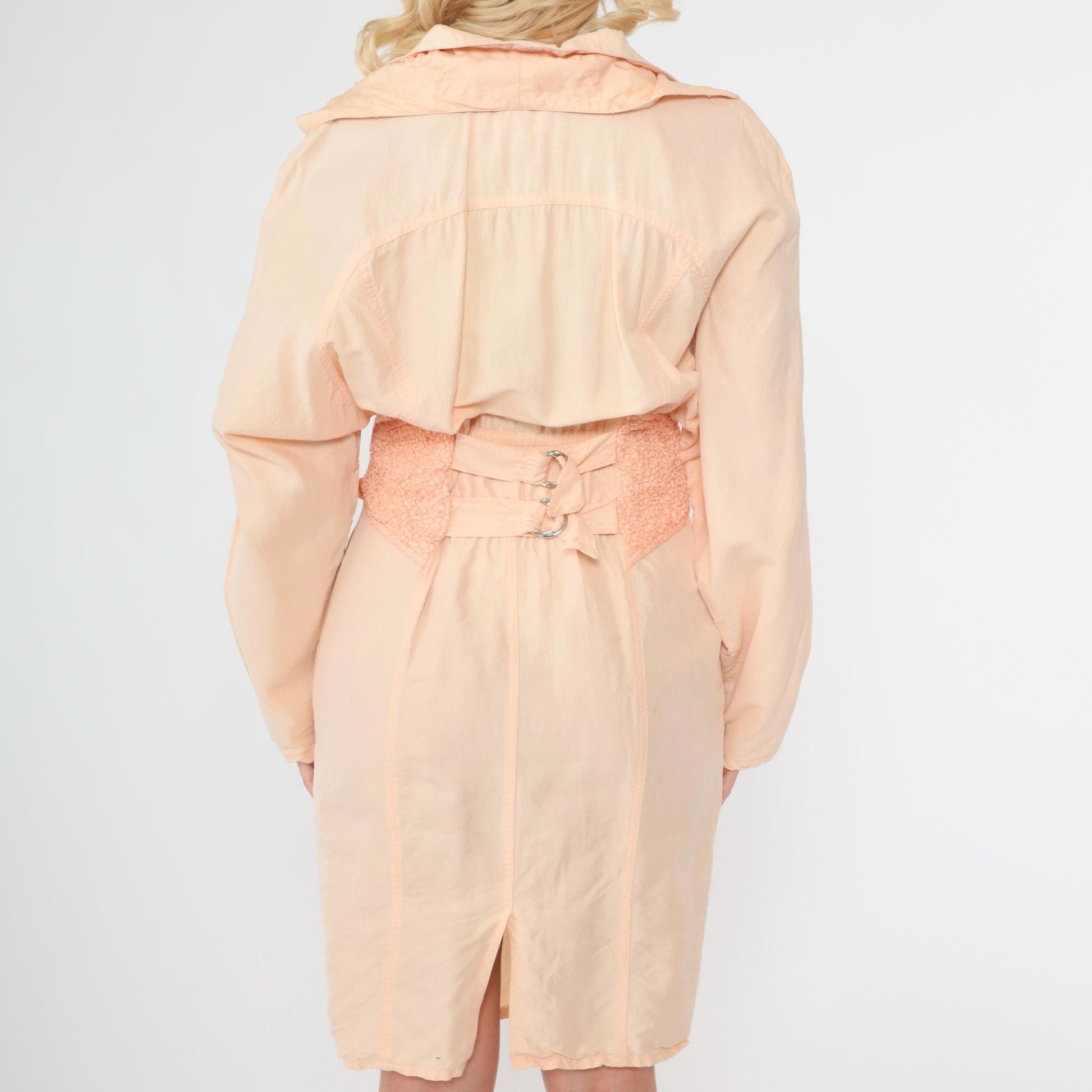 80s Marshall Rousso Peach Snap Mini Shirtdress High Waist Small