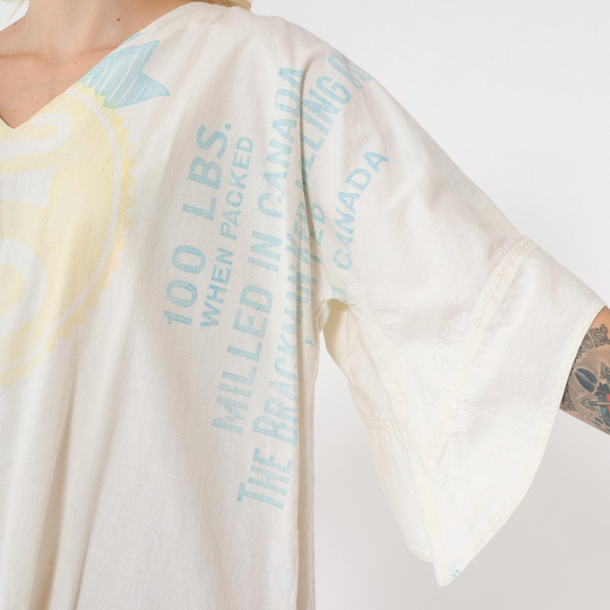 70s Brackman-Ker Milling Co Flour Sack Tunic Bell Sleeve V-Neck White Medium Large
