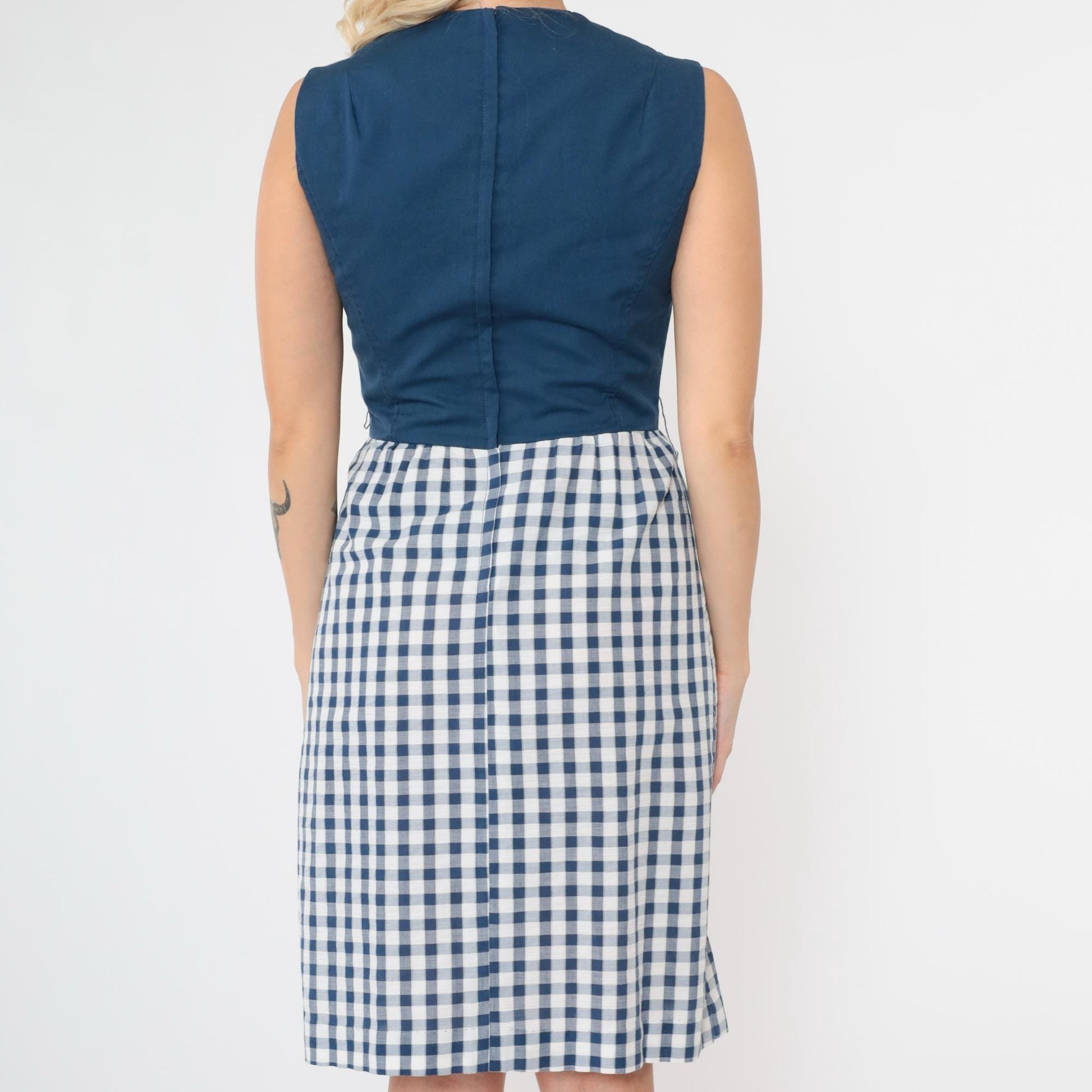 1960s Gingham Mini Dress Dark Blue High Waist Sleeveless Pleated Extra Small