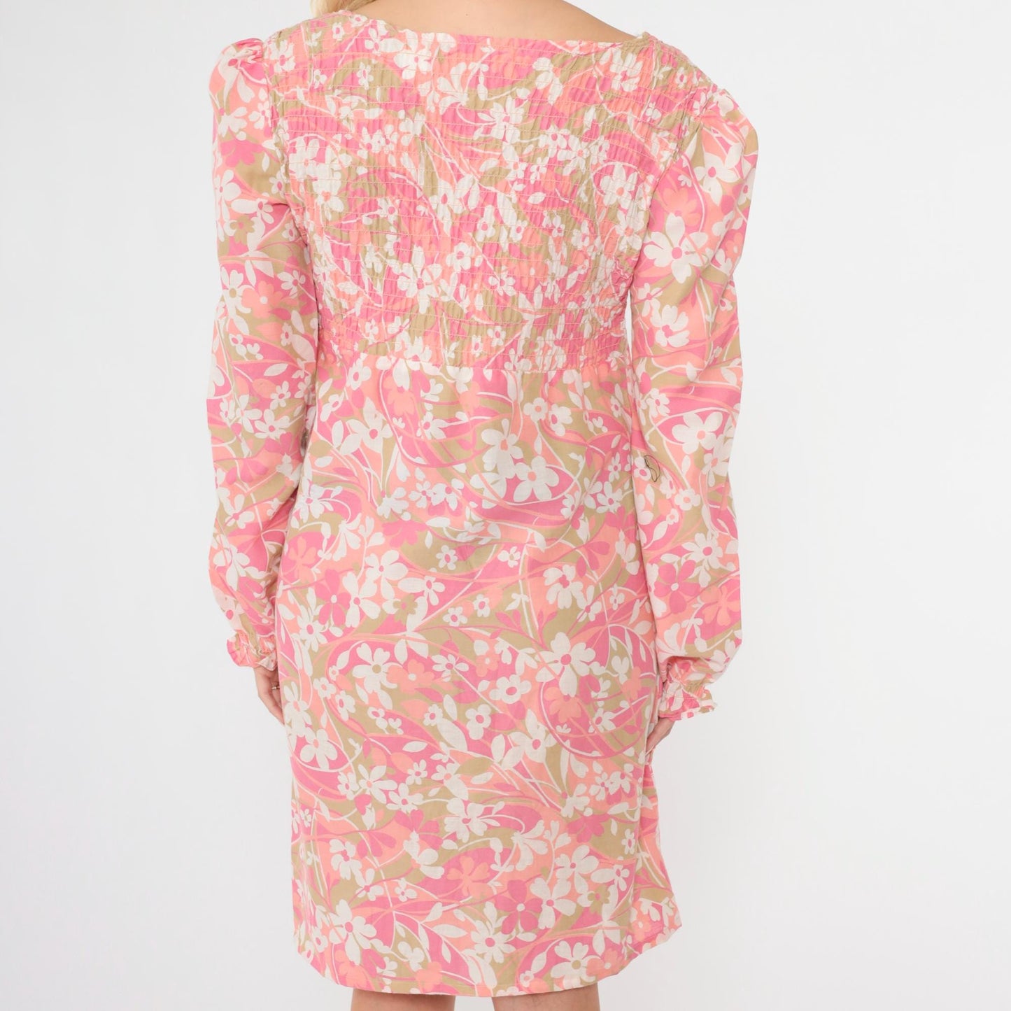 70s Floral Puff Sleeve Mini Dress Empire Waist Smocked Bodice Pink Small