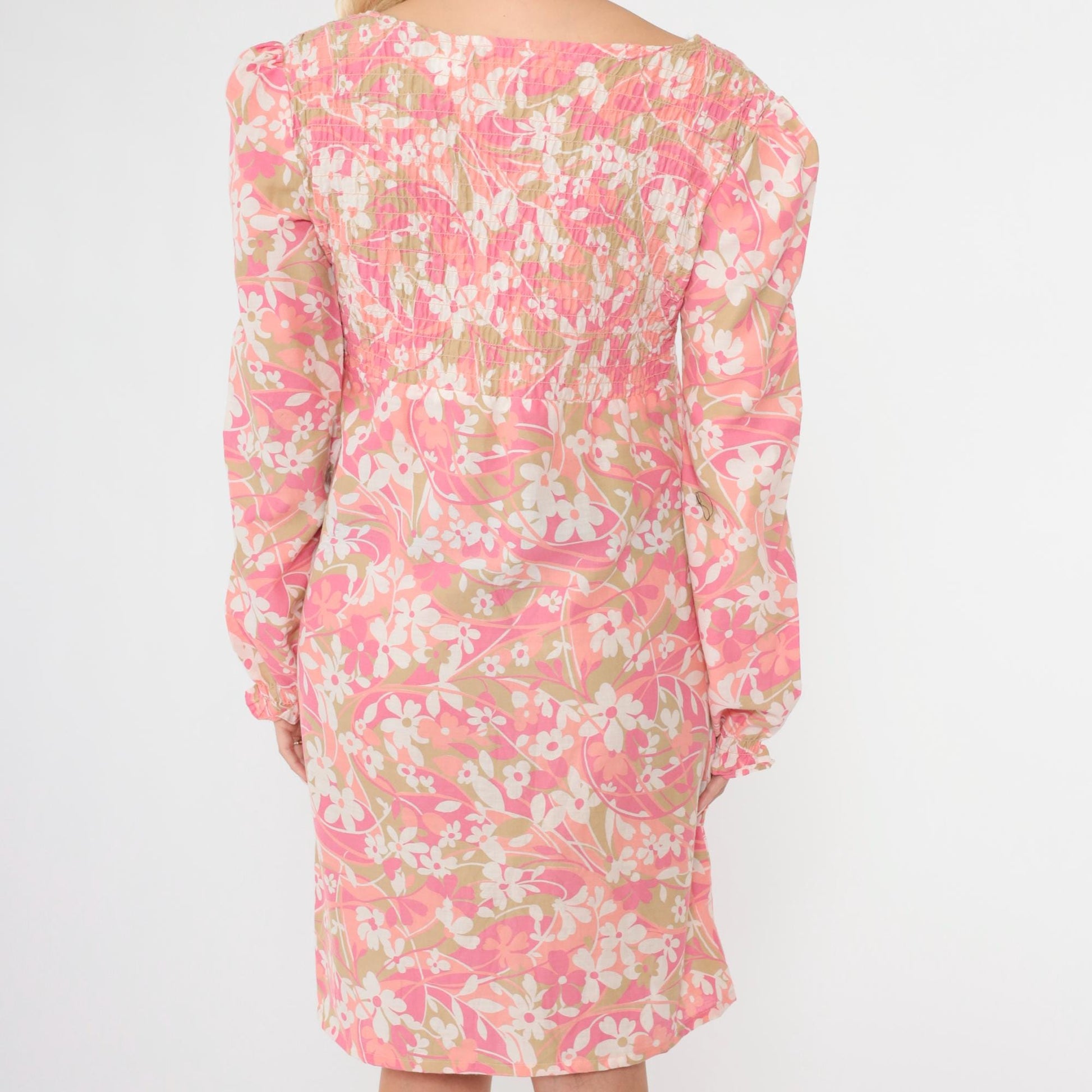 70s Floral Puff Sleeve Mini Dress Empire Waist Smocked Bodice Pink Small