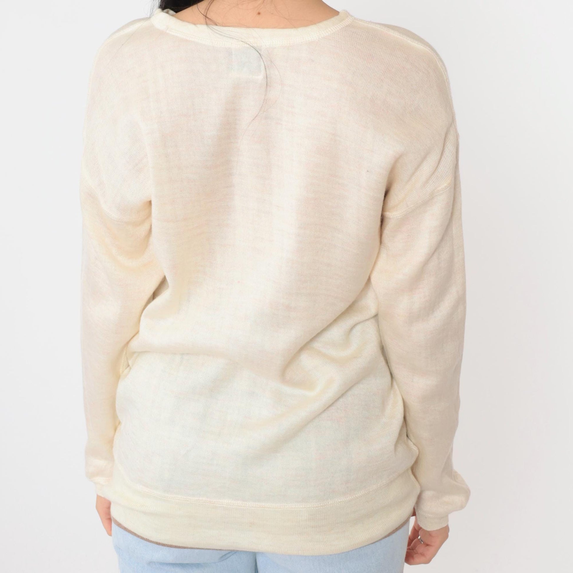 80s Space Man Wool Sweater Cream Crewneck Knit Medium
