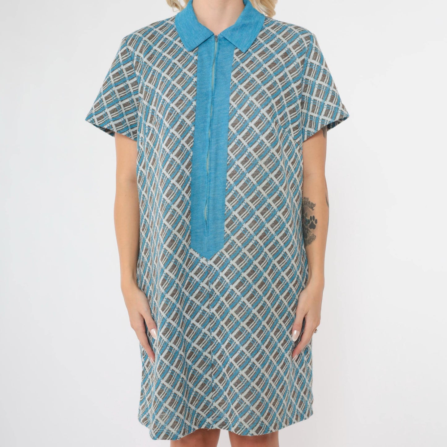 70s Plaid Shift Dress Mini Blue Brown Checkered Front Zip Collar Extra Large