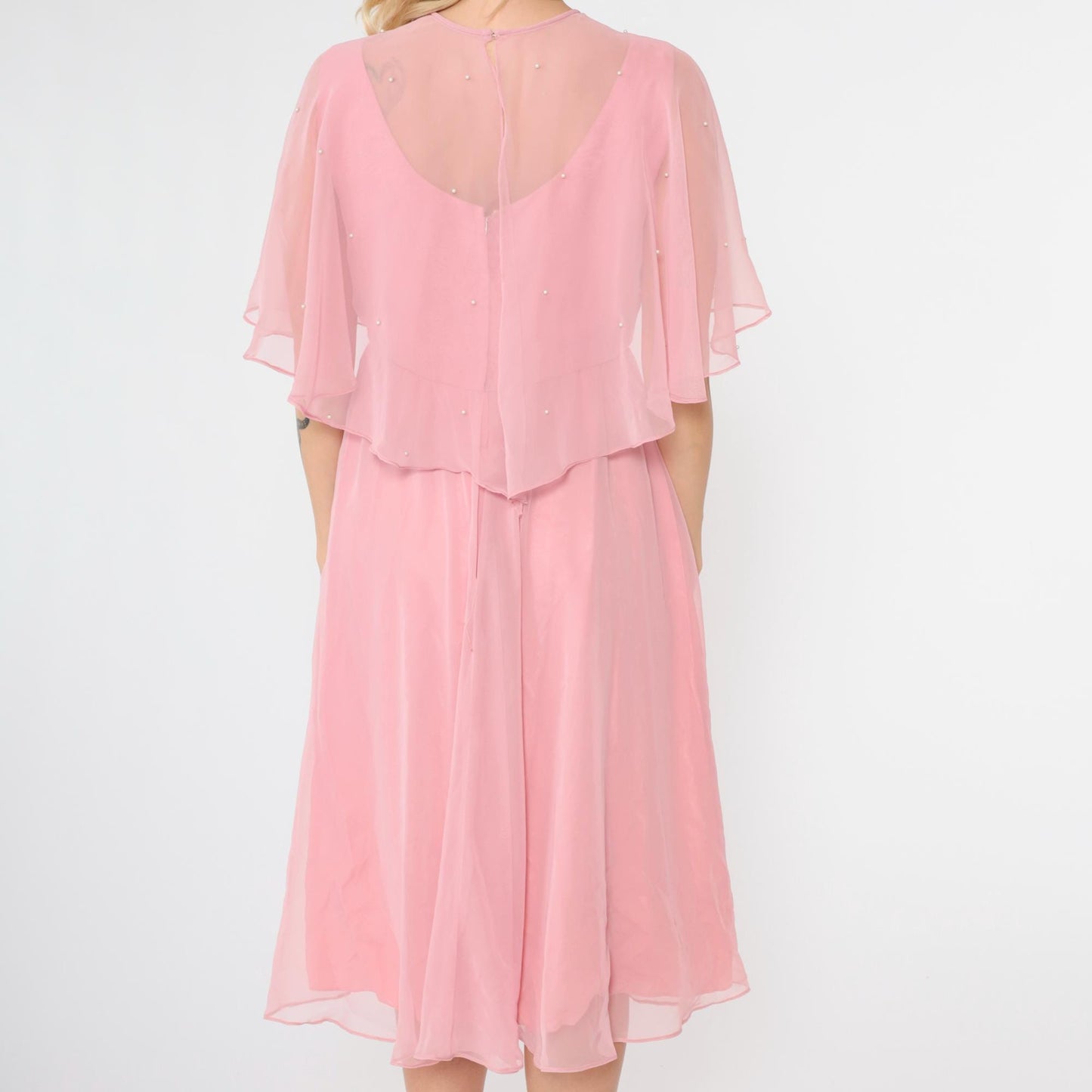 70s Pink Chiffon Midi Dress Pearl Beaded Capelet Flutter Sleeve Medium