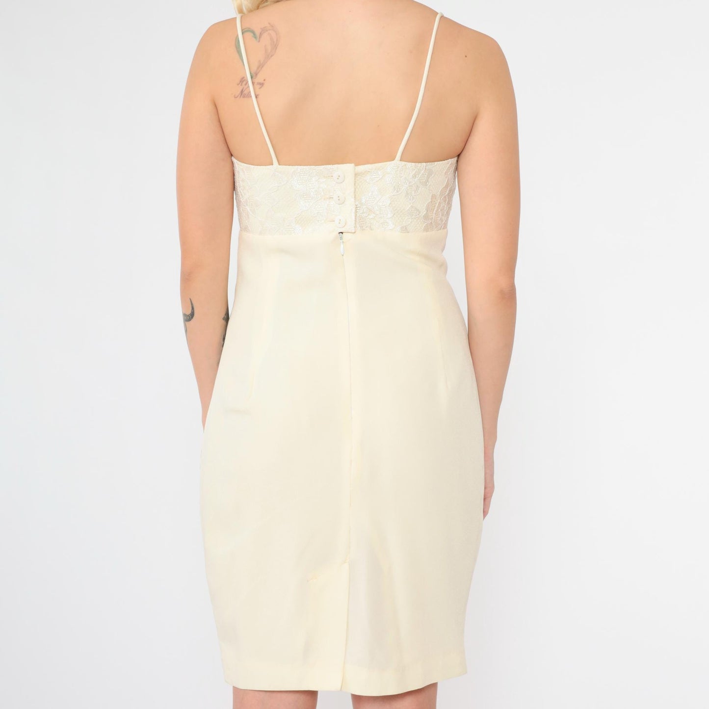 90s Cream Lace Mini Dress Spaghetti Strap Empire Waist Button Back Extra Small