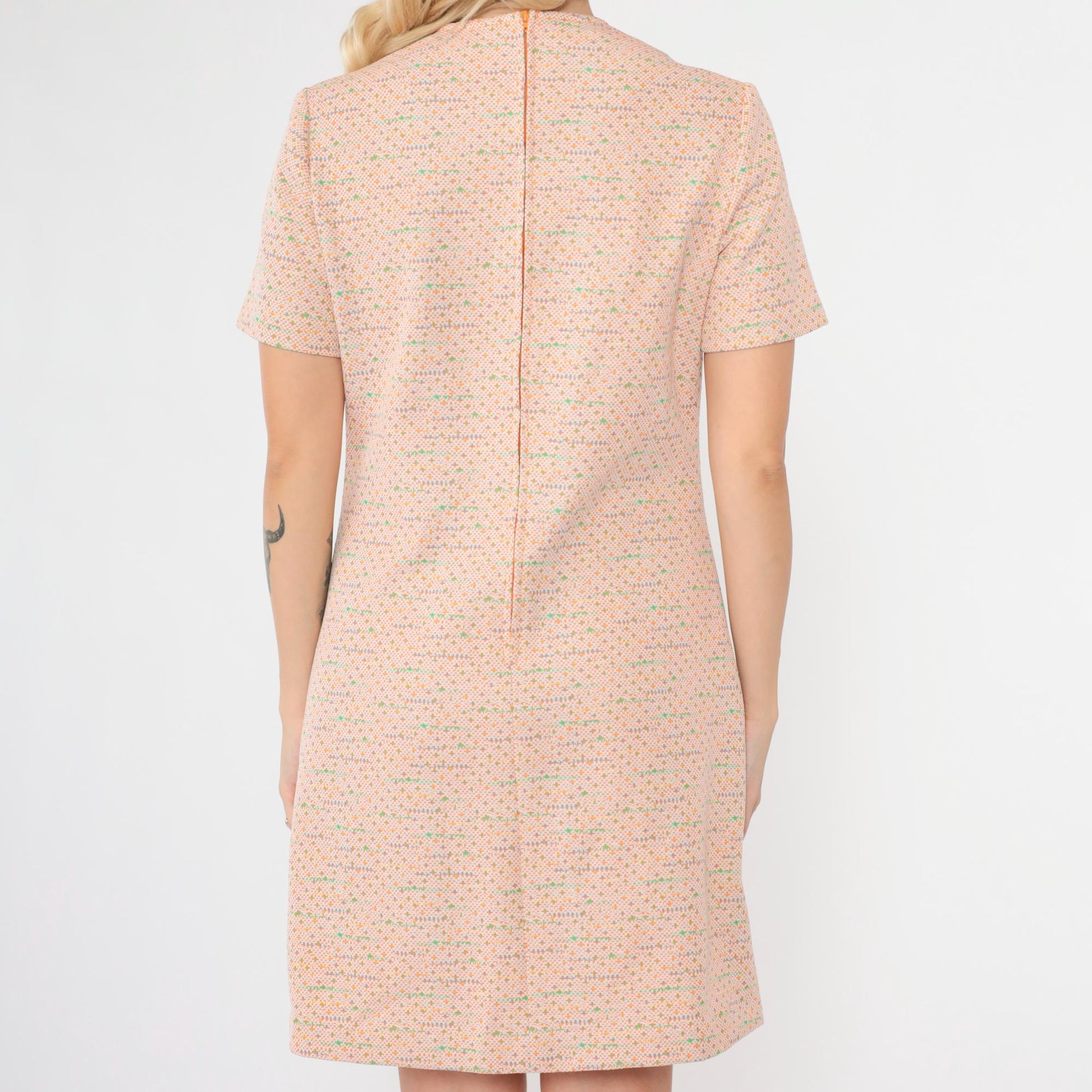 60s Mod Mini Shift Dress Orange Micro Dot Print White Polyester Small Medium