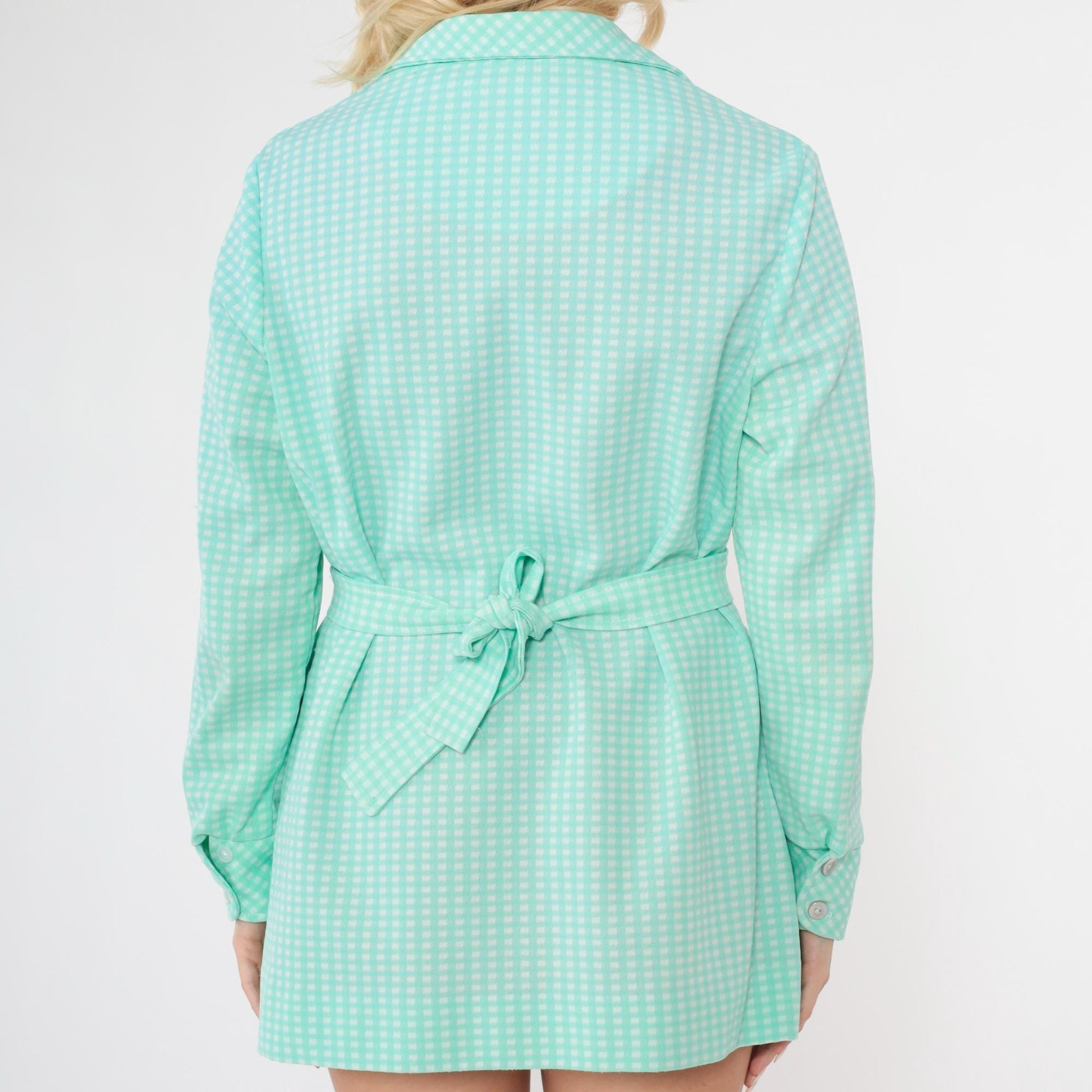70s Mint Gingham Button-Up Shirt Jacket White Check Long Sleeve Medium