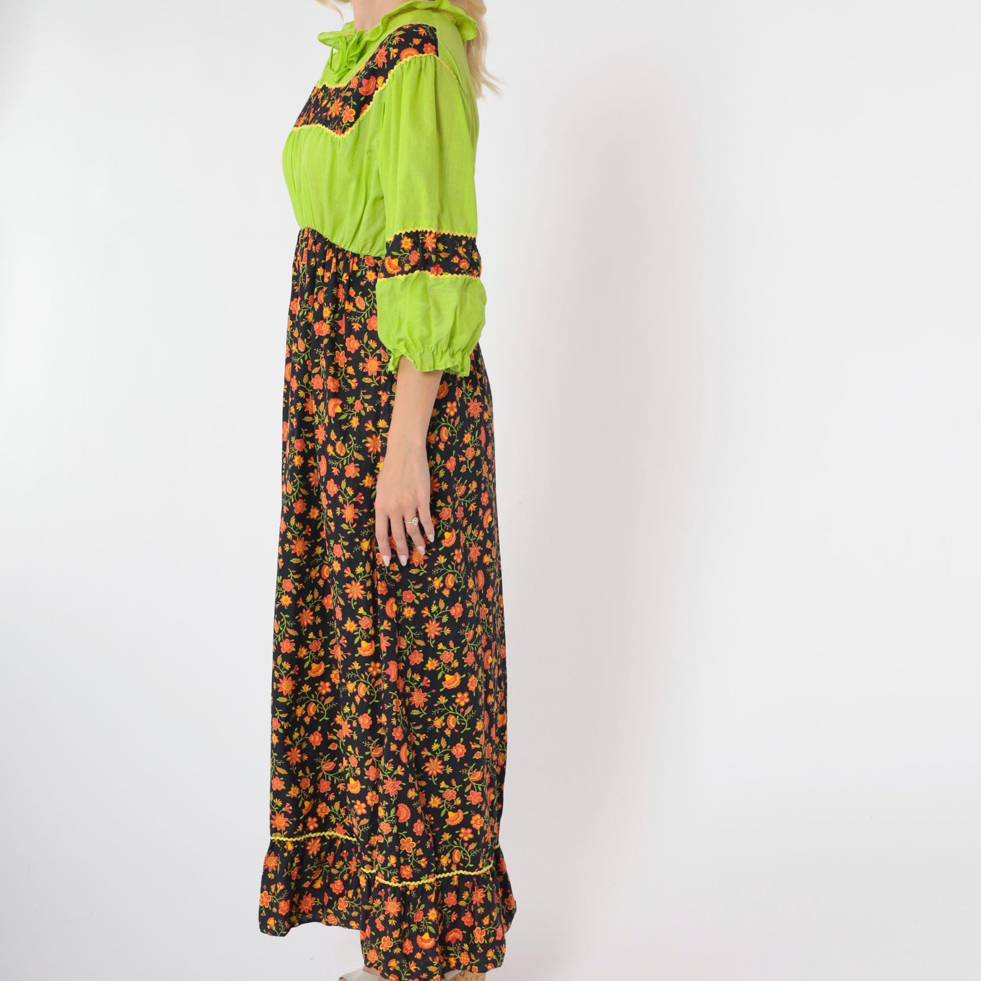 70s Floral Maxi Dress Lime Green Black Orange Puff Sleeve High Waist Small