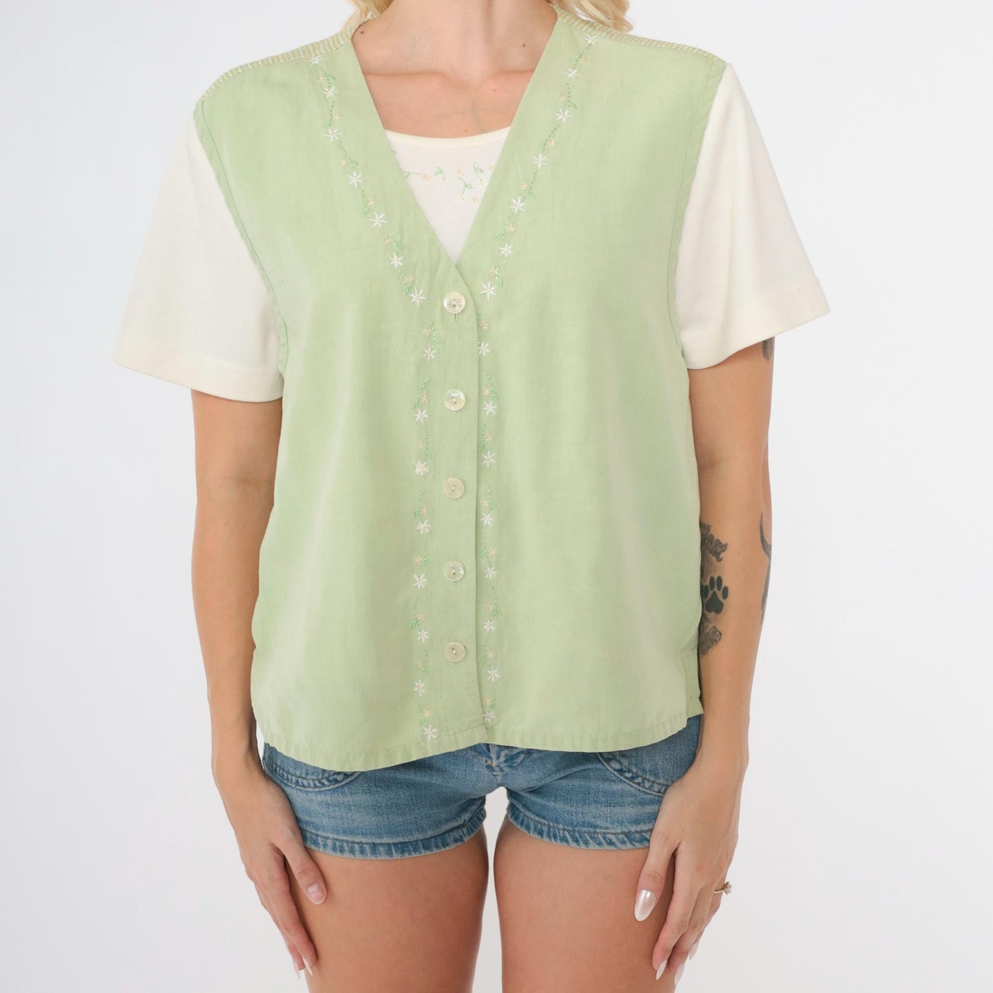90s Napa Valley Petites Floral Embroidered Checkered Button Up Blouse Green Medium