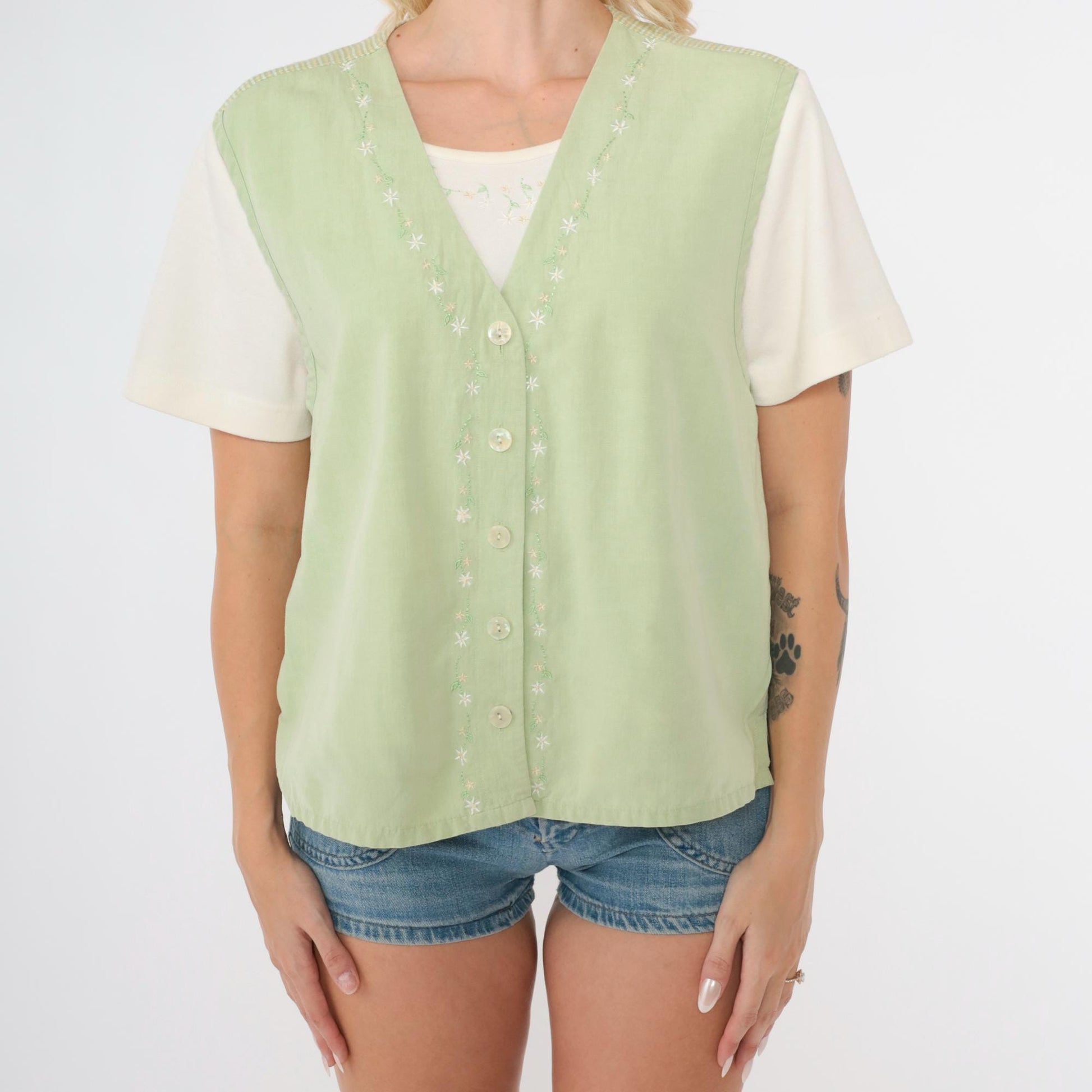 90s Napa Valley Petites Floral Embroidered Checkered Button Up Blouse Green Medium