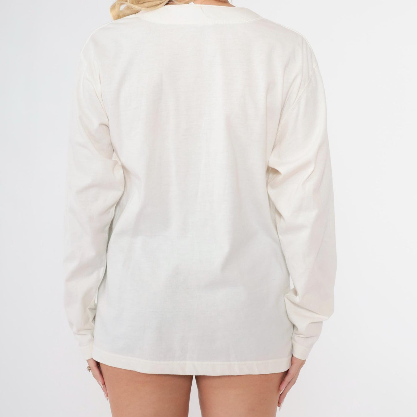 90s Plain White Henley Long Sleeve T-Shirt Button Front Small