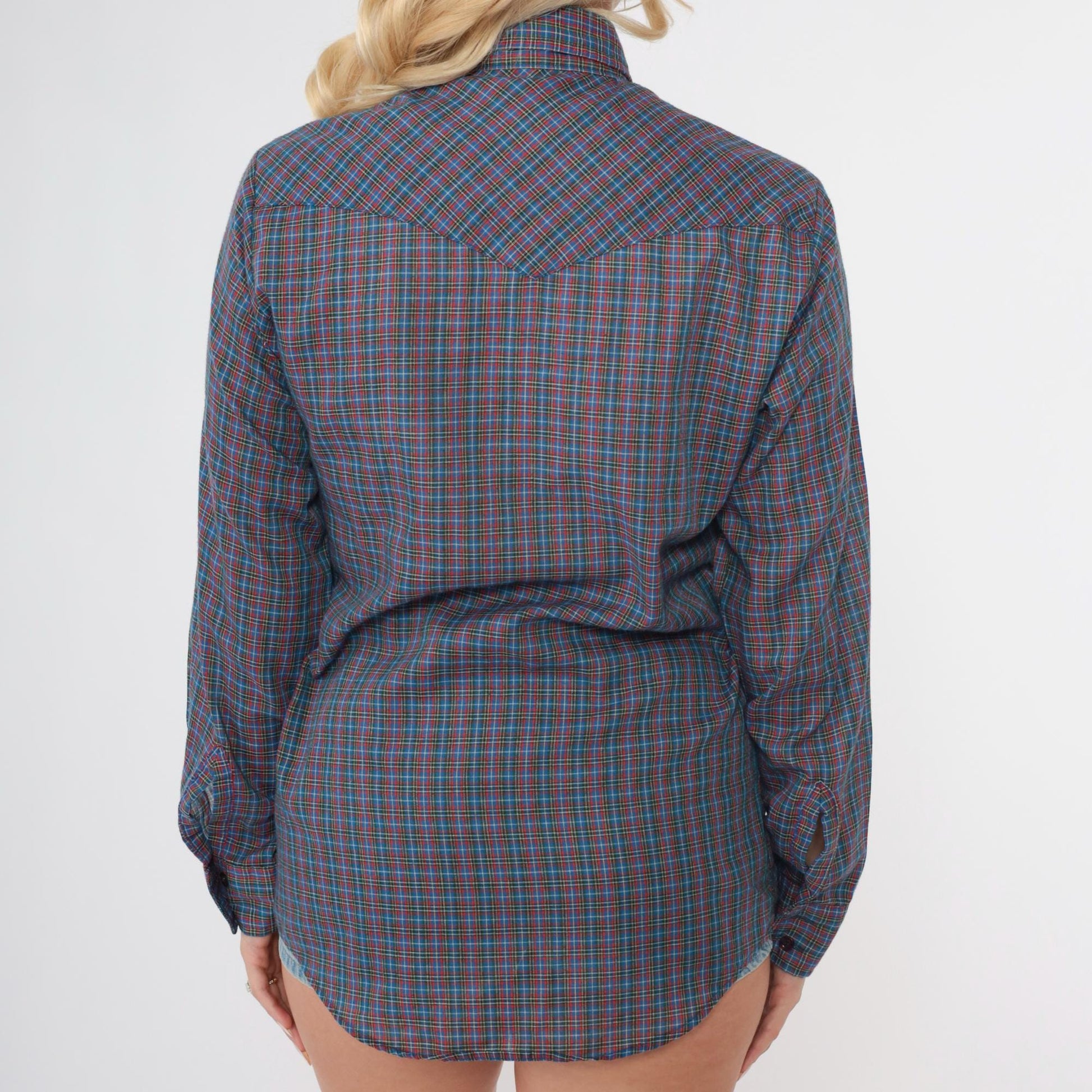 80s Lee Plaid Button-Up Shirt Blue Red Checkered Long Sleeve Small