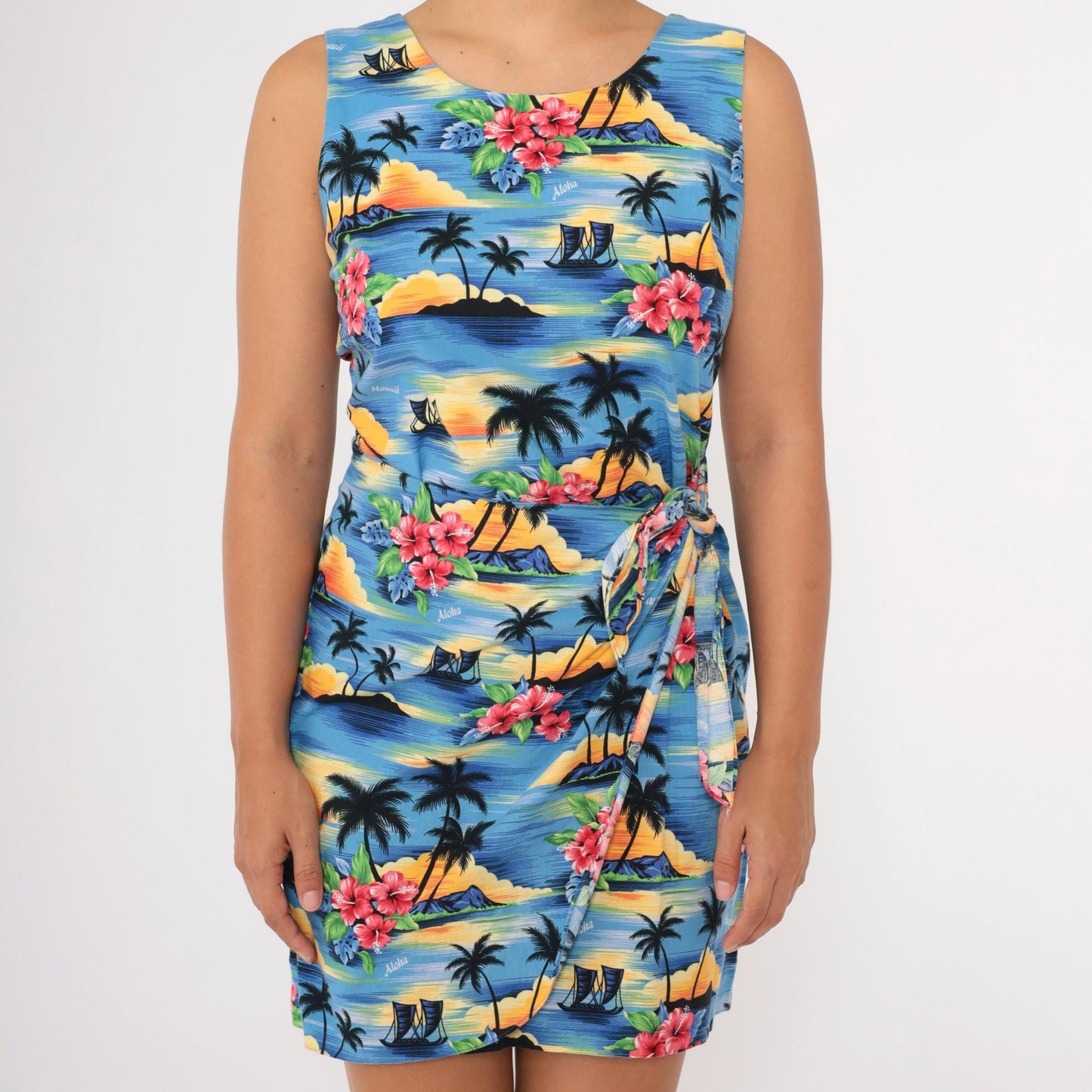 Y2K Hawaiian Tropical Mini Dress Palm Tree Print Blue Sleeveless Small