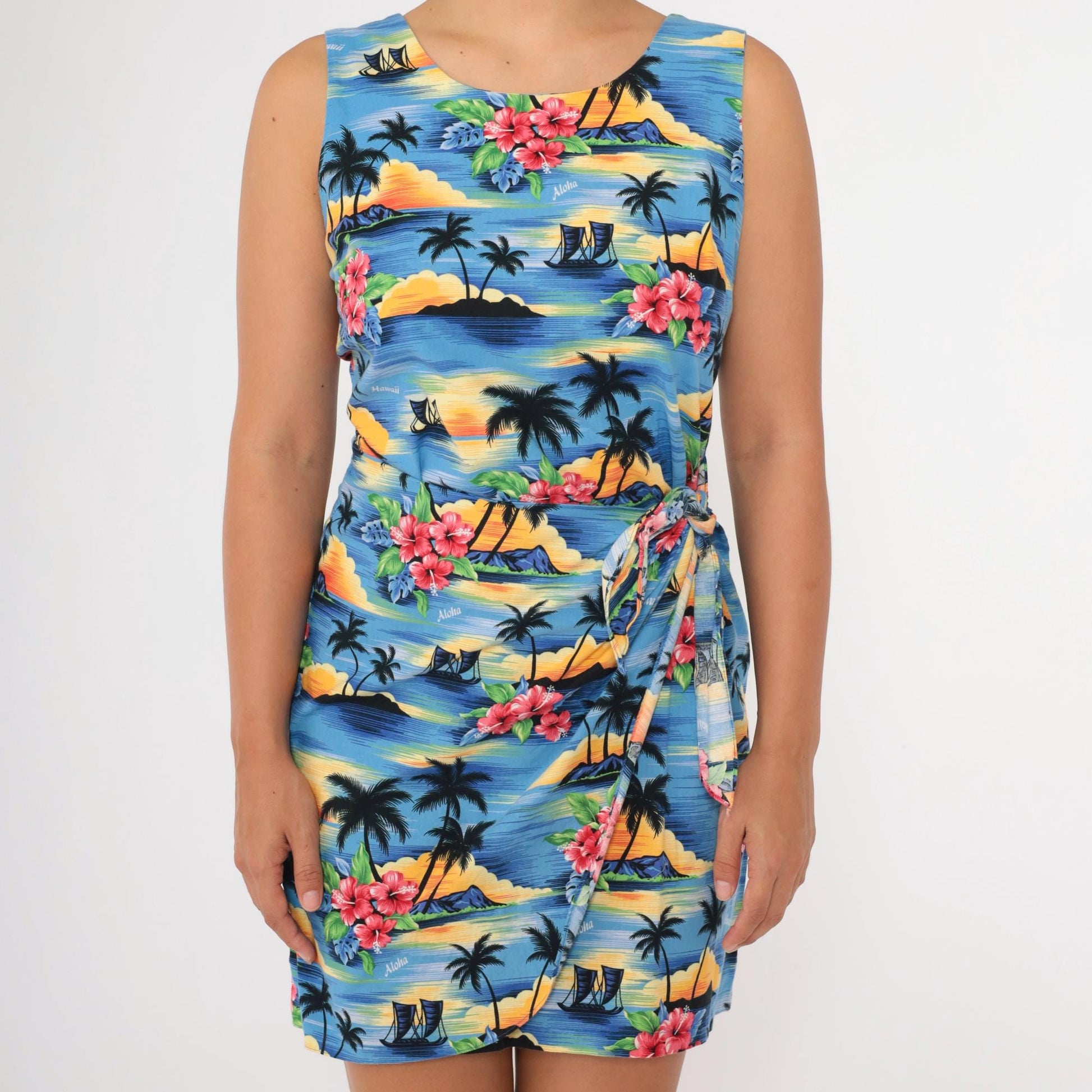 Y2K Hawaiian Tropical Mini Dress Palm Tree Print Blue Sleeveless Small