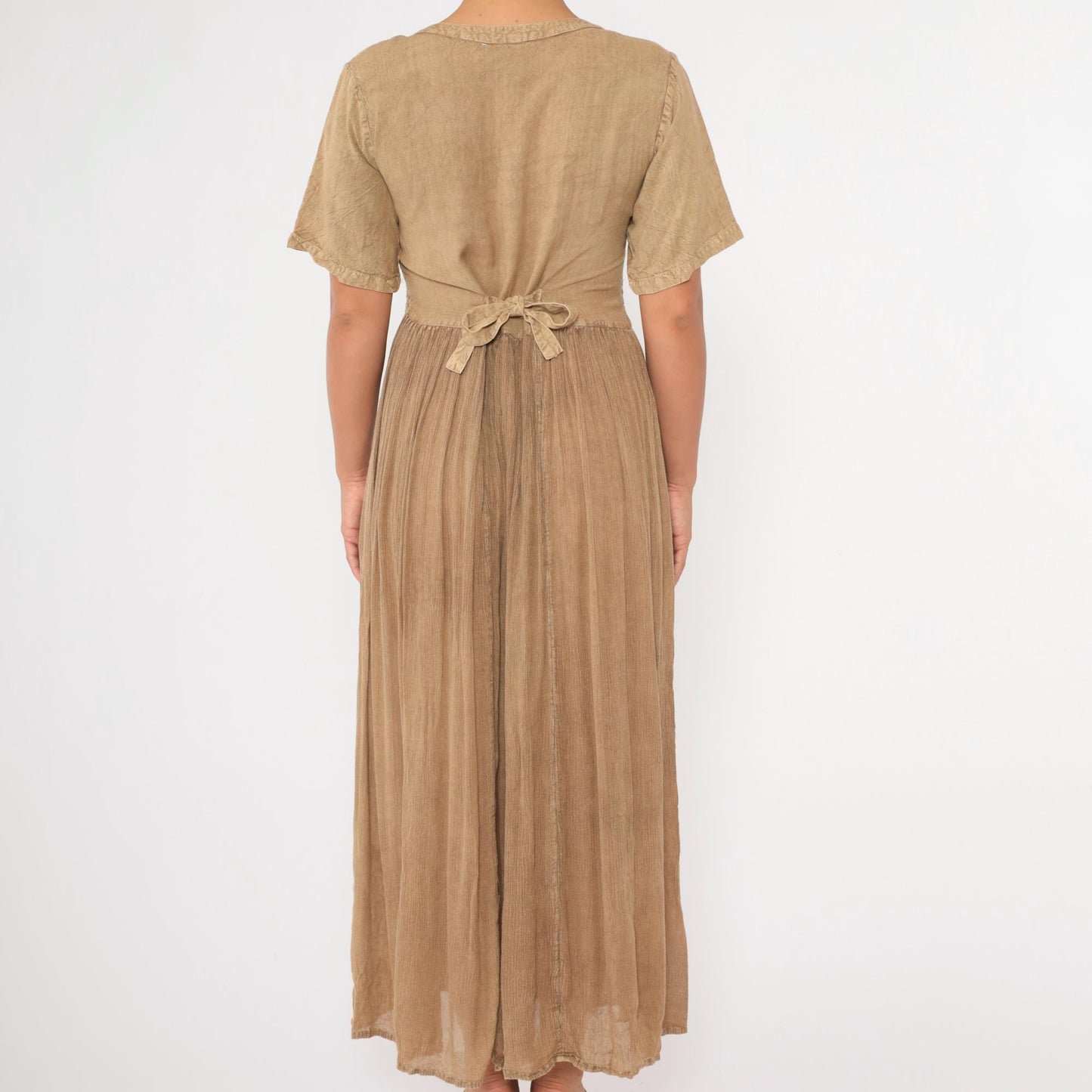 00s M.P.H. Embroidered Floral Maxi Dress Tan Button-Up Crochet Small S