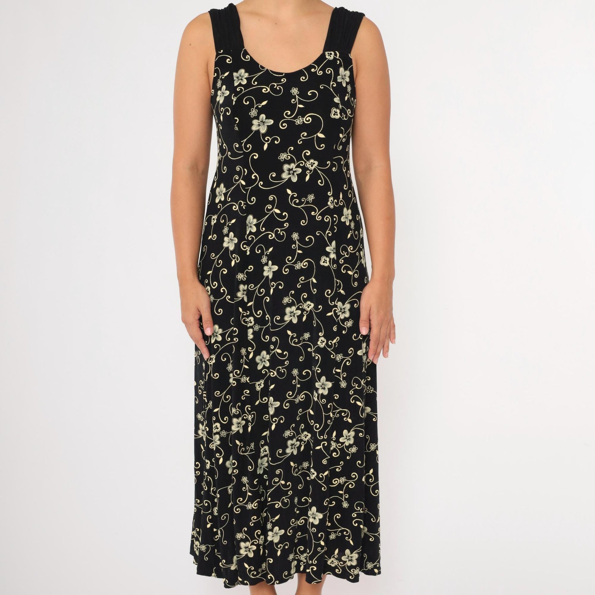 90s Black Floral Maxi Dress Sleeveless Scoop Neck Yellow Print Large