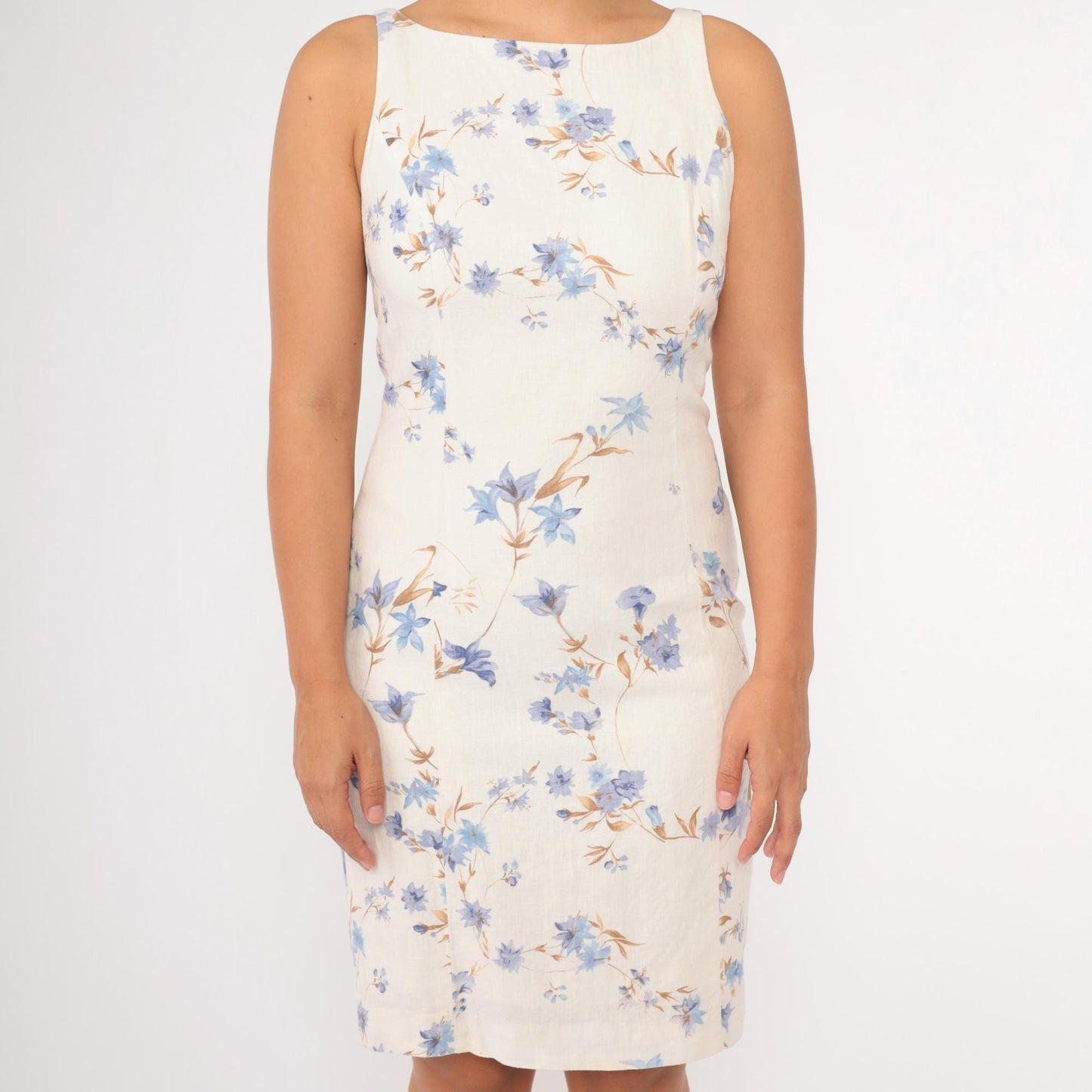 90s Jones New York Linen Floral Minidress Off-White Periwinkle Small