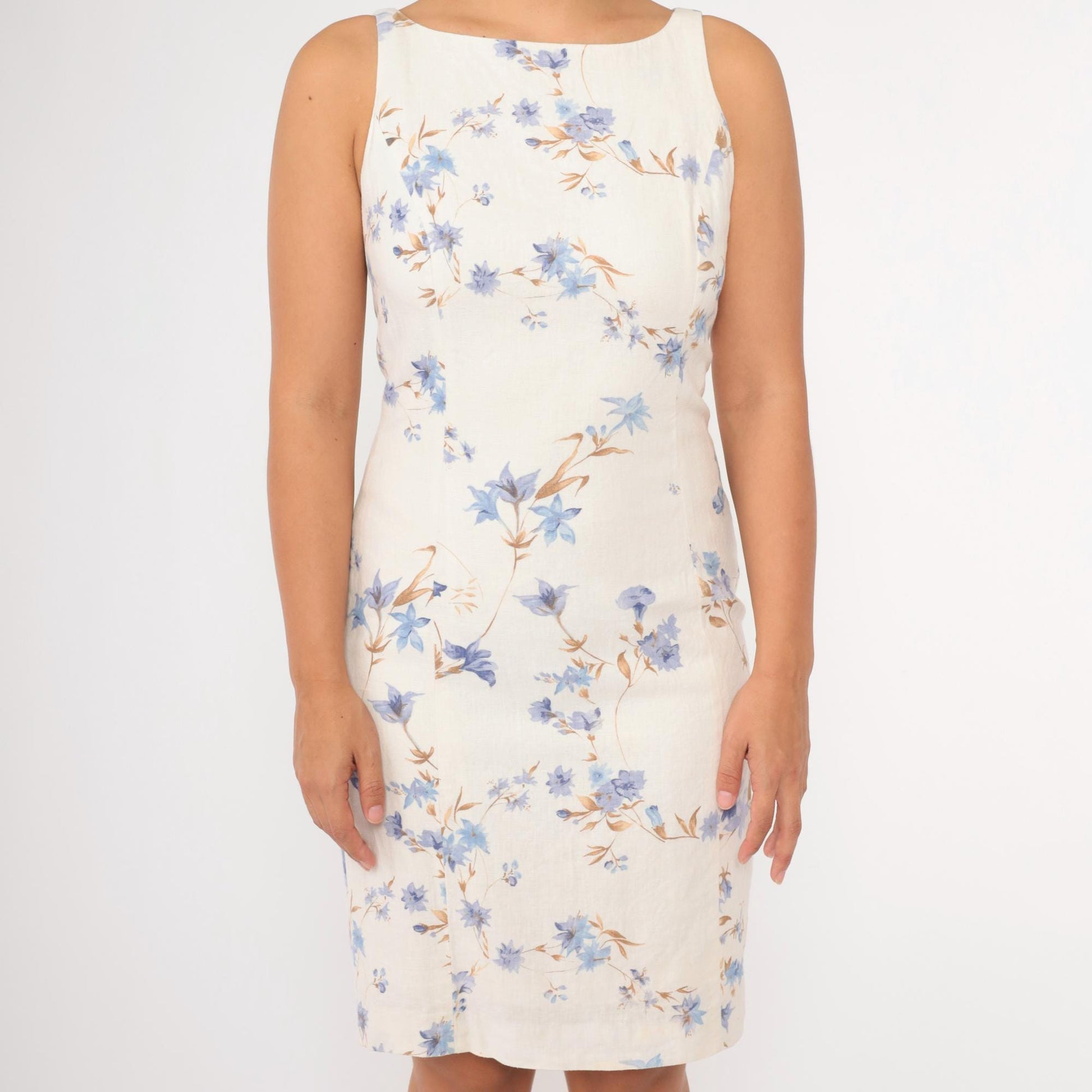 90s Jones New York Linen Floral Minidress Off-White Periwinkle Small