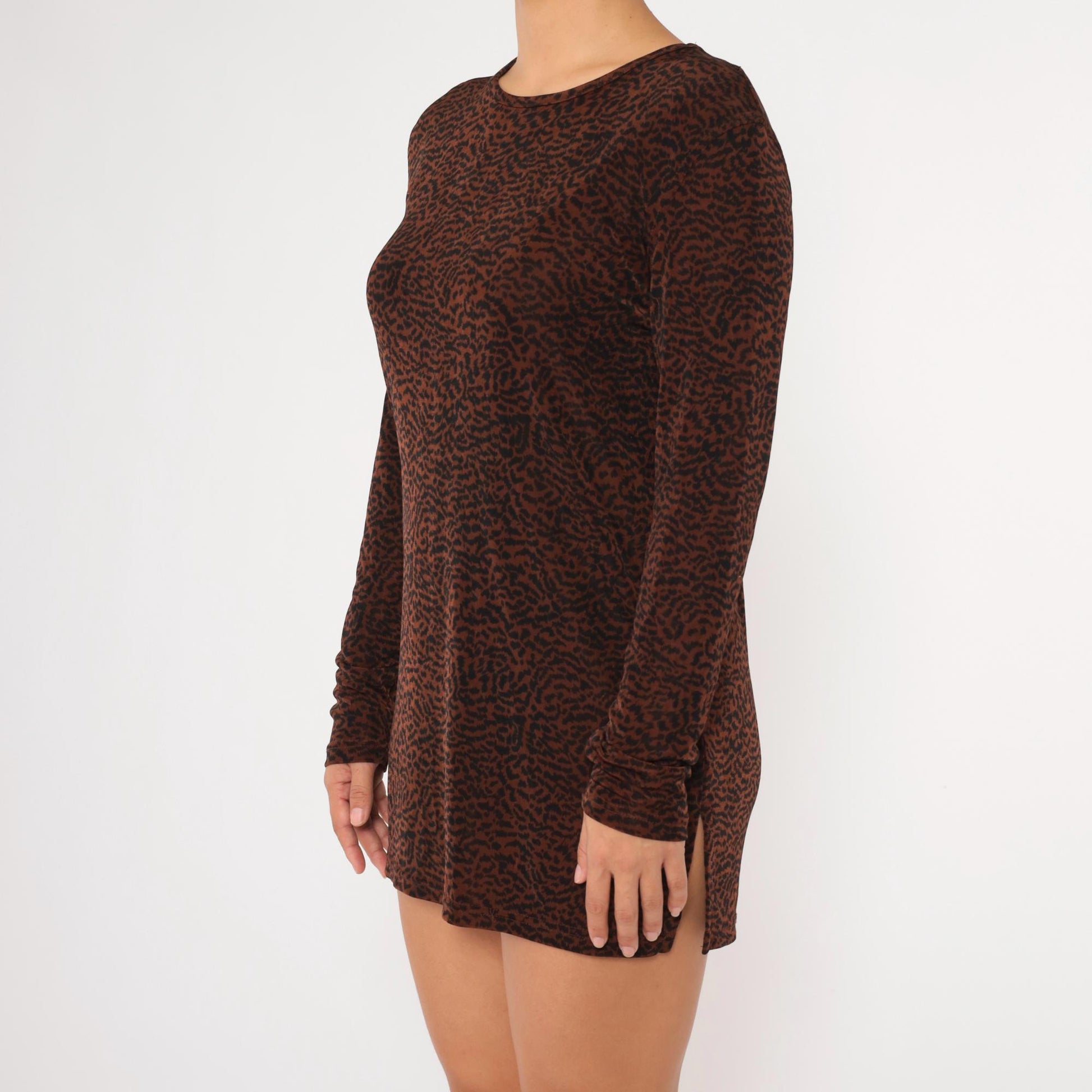 90s Nina Leonard Animal Print Mini Dress Long Sleeve Brown Black Small