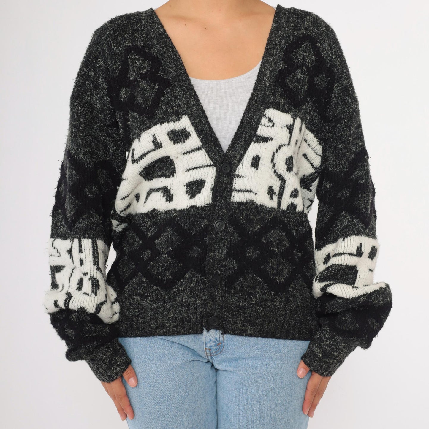 90s J.J. Blu Geometric Cardigan Grey Knit Abstract Button-Up Small