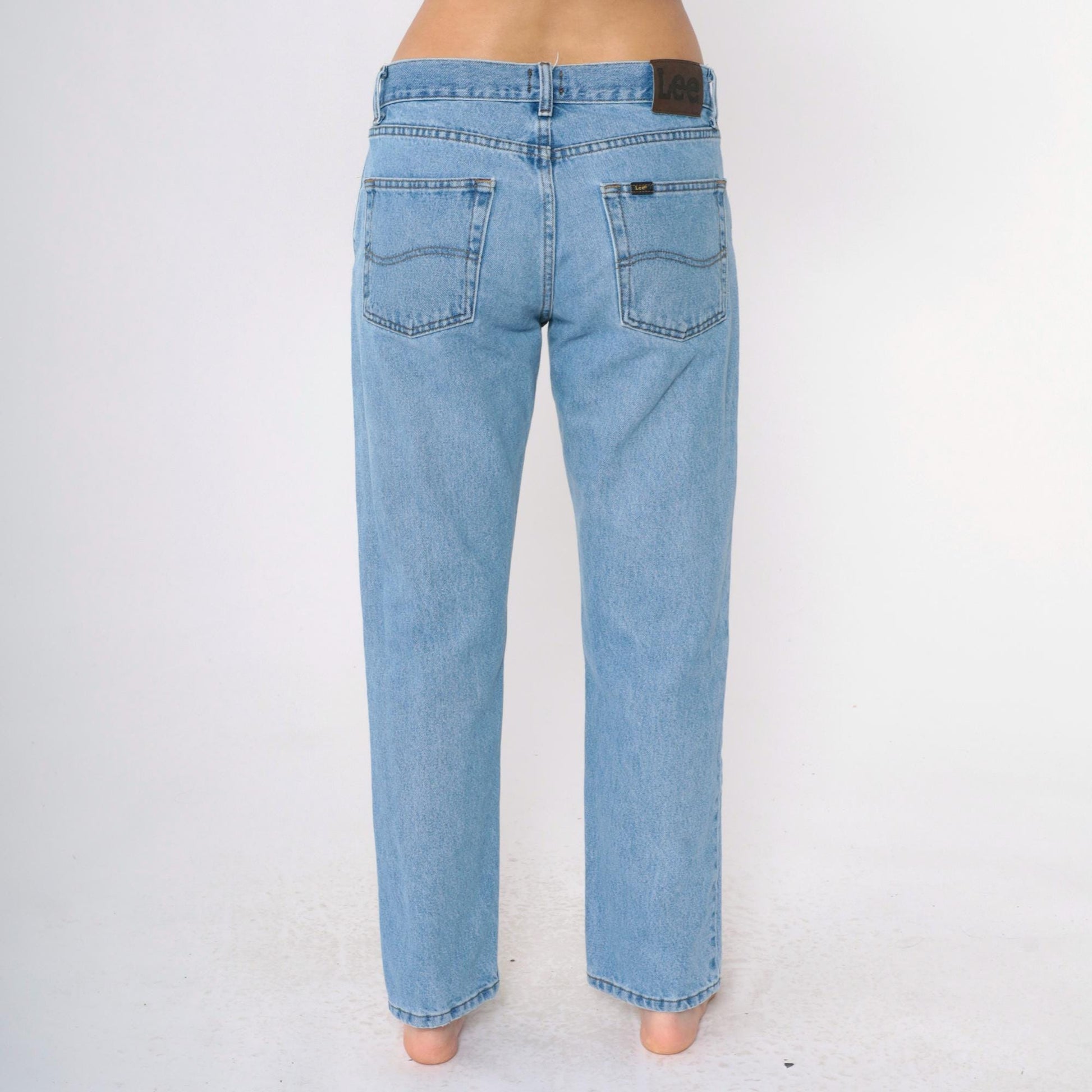 90s Lee Jeans Men's 33x30 High Waist Straight Leg Knee Rip Blue Denim
