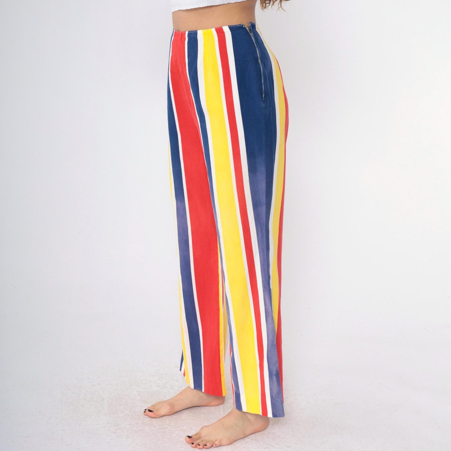 1960s Striped Bell Bottom Pants High Waist Yellow Red Blue Medium