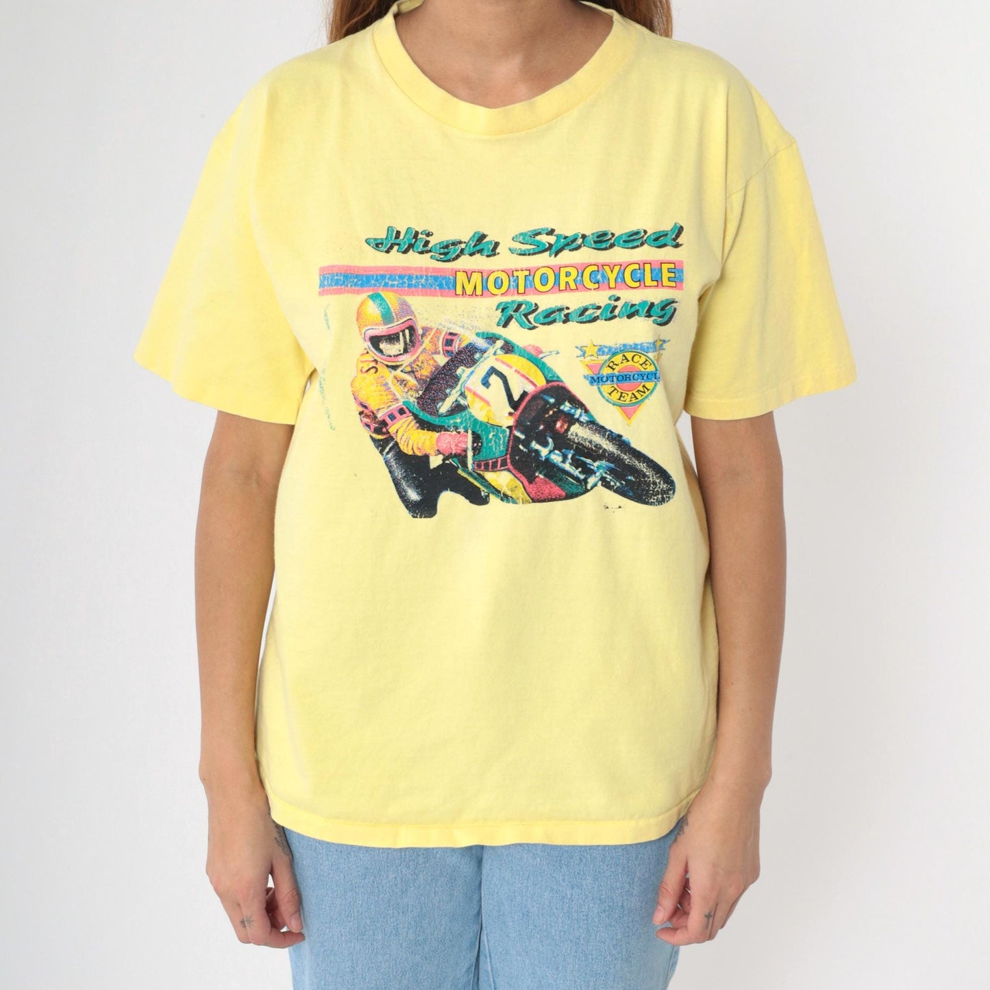 90s High Speed Motorcycle Racing Graphic T-Shirt Yellow Medium