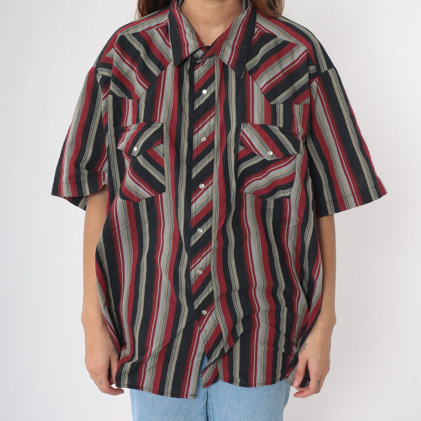 90s Rustler by Wrangler Western Shirt Pearl Snap Red Grey Black Striped Plus Size 3XL