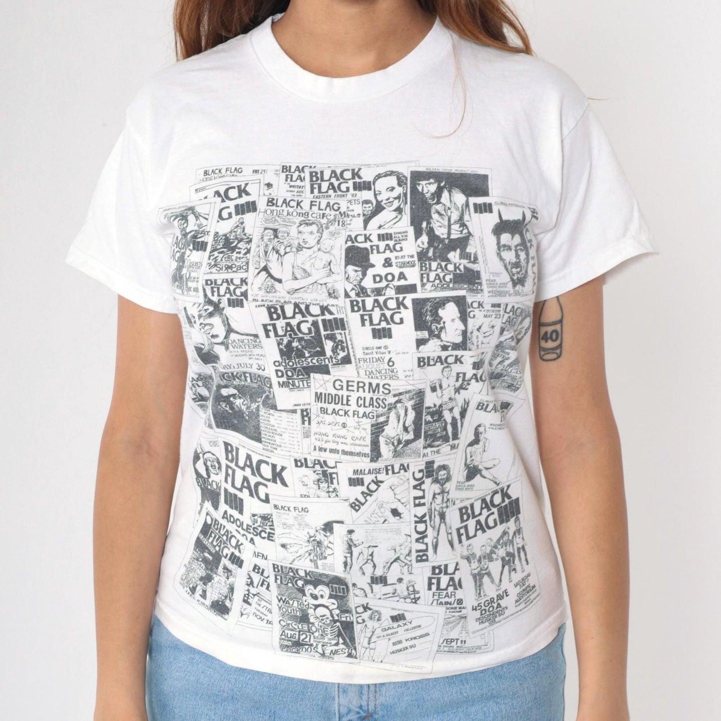 Y2K Black Flag Punk Band Flyers White Graphic Tee Youth Large XS