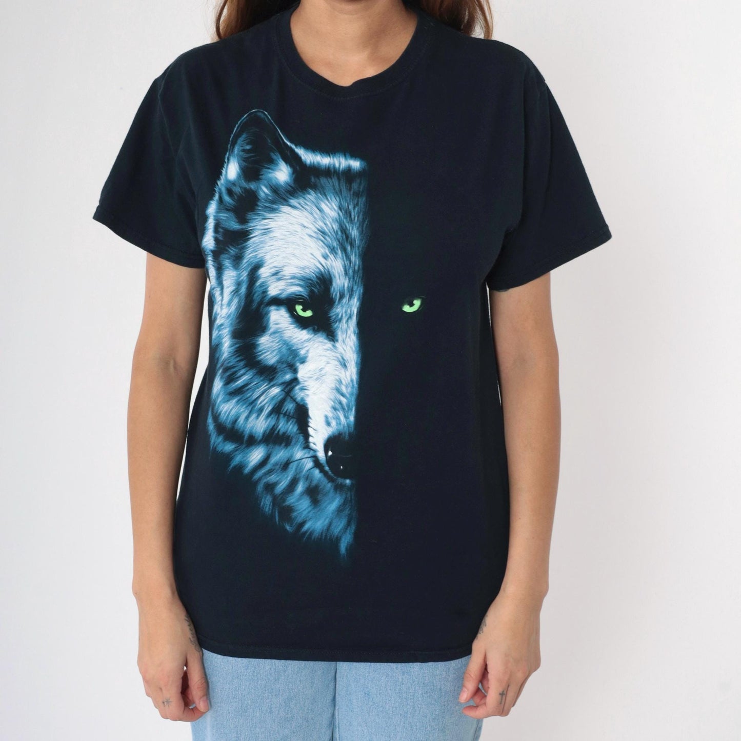 Y2K Wolf Face Graphic T-Shirt Black Cotton Crewneck Medium M