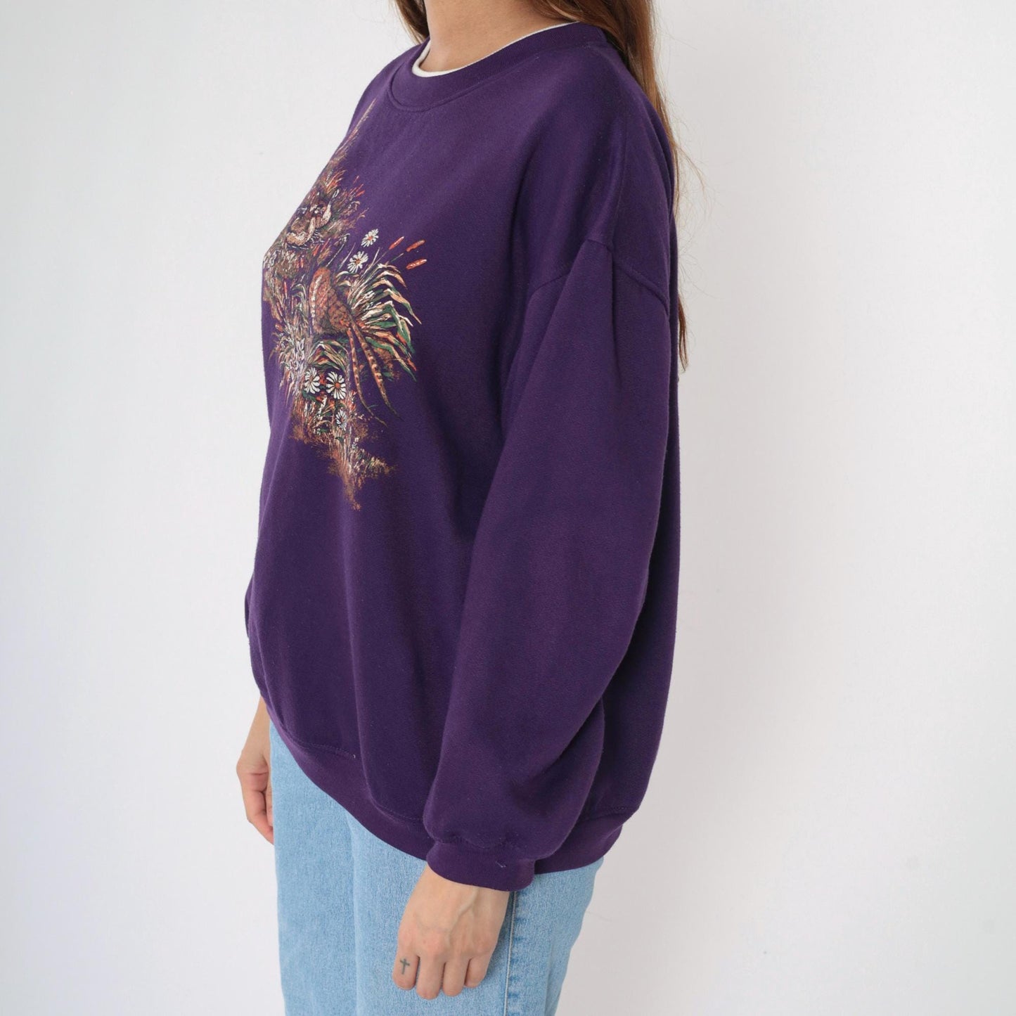 90s Duck Pheasant Waterfowl Graphic Sweatshirt Blue Crewneck Large