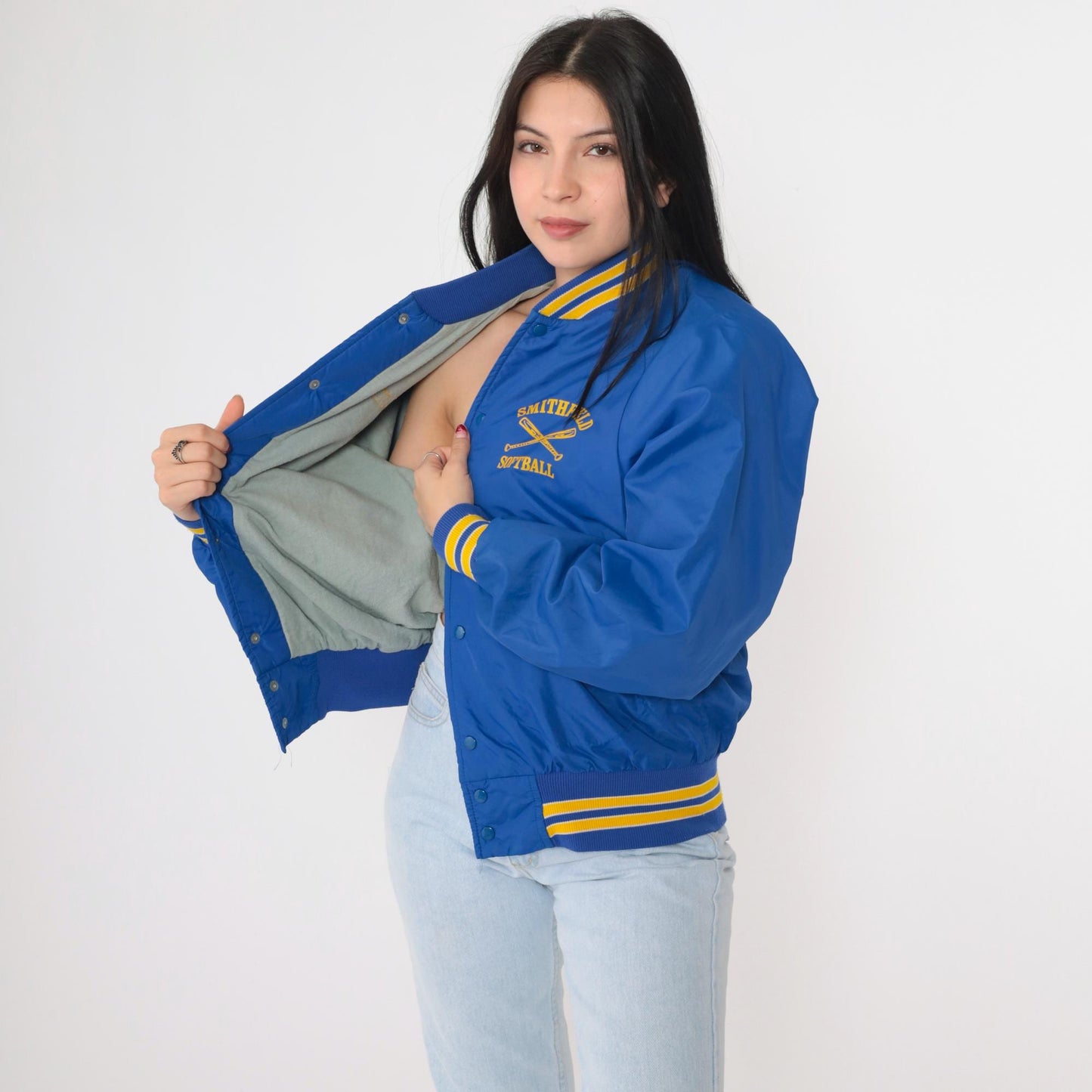 80s Smithfield Softball Bomber Jacket Blue Nylon Snap Kristi Medium