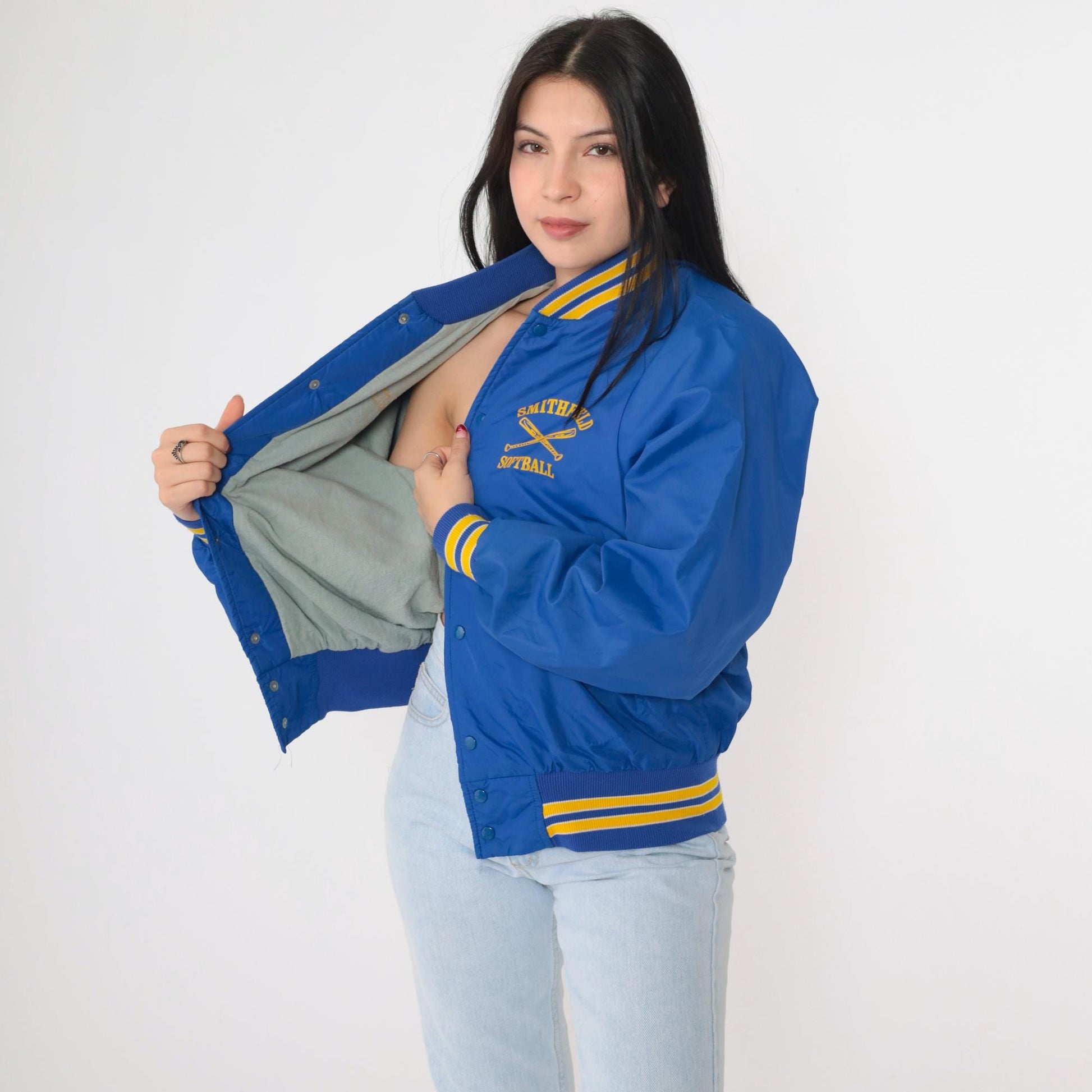80s Smithfield Softball Bomber Jacket Blue Nylon Snap Kristi Medium