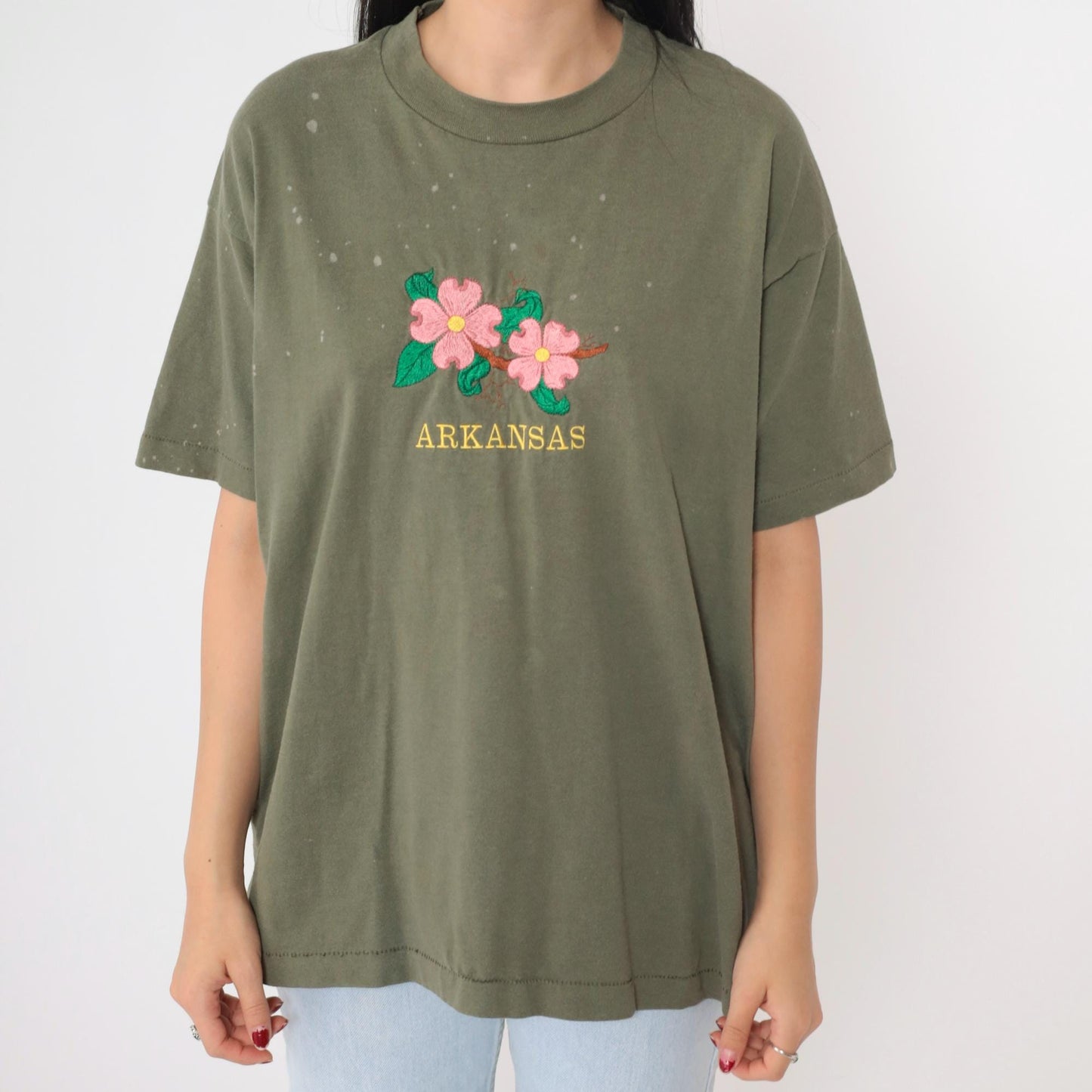 90s Arkansas Embroidered Floral T-Shirt Olive Green Graphic Tee Large