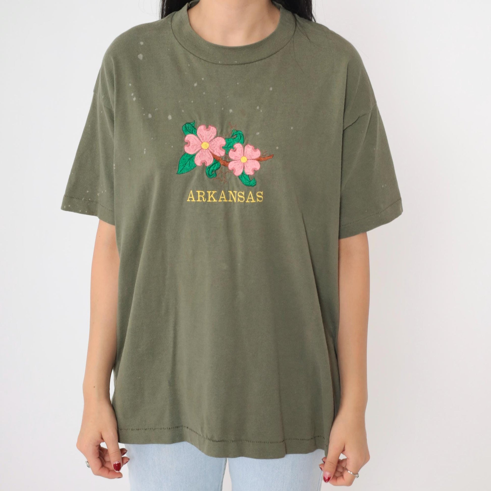 90s Arkansas Embroidered Floral T-Shirt Olive Green Graphic Tee Large