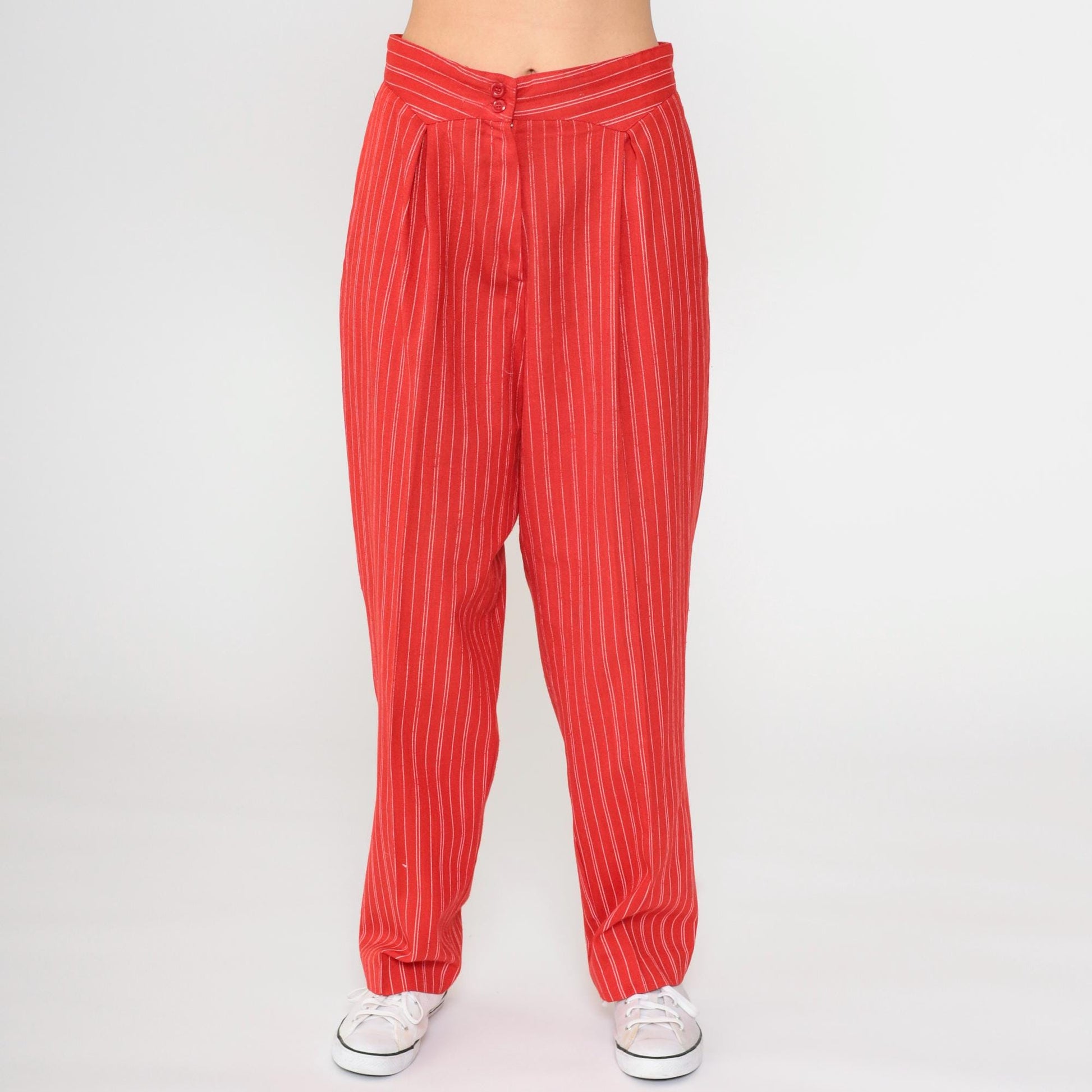 80s Red Pinstripe Pleated High-Waisted Trousers Tapered Leg Small