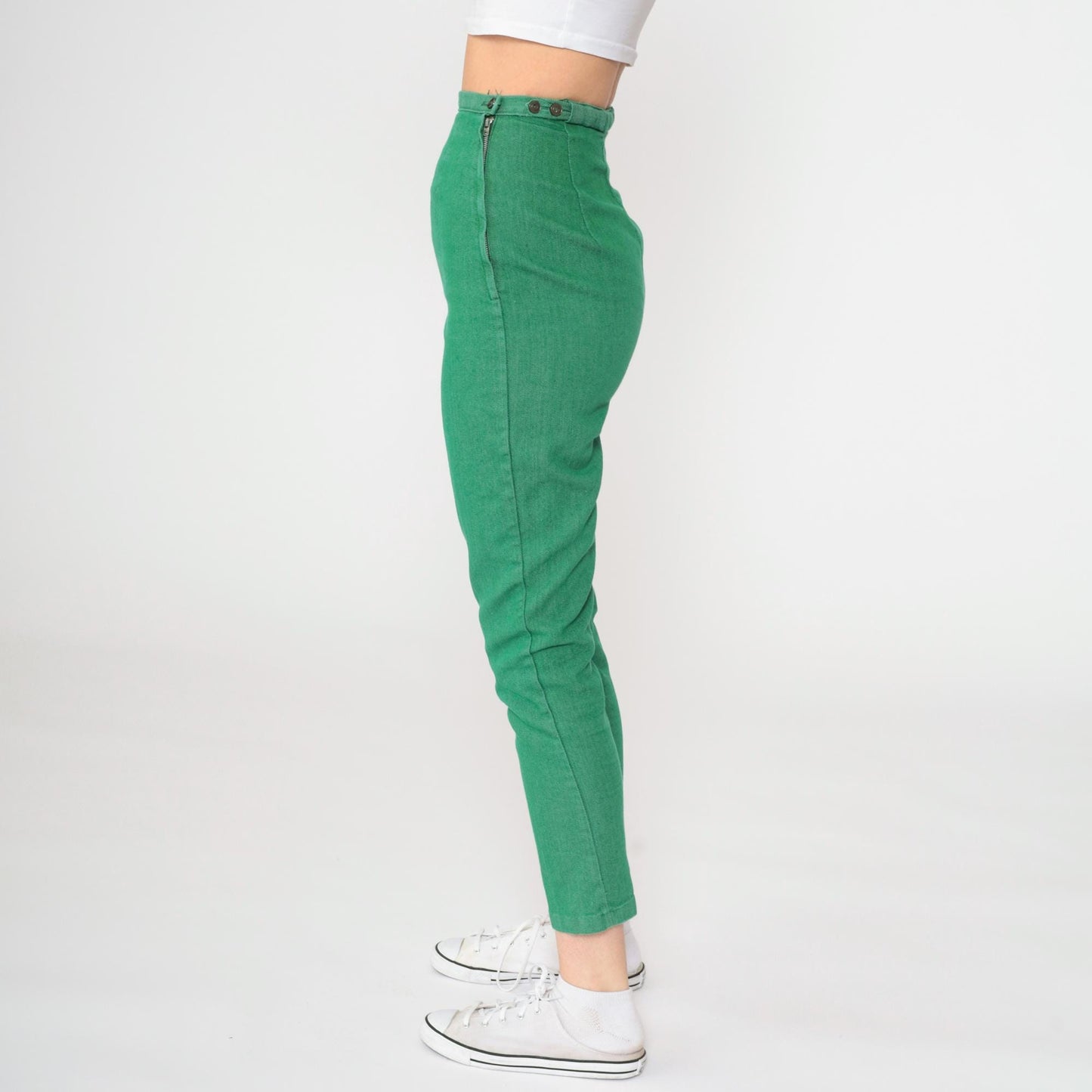 60s Kelly Green High-Waisted Slim Trousers Side Zip Ankle Extra Small