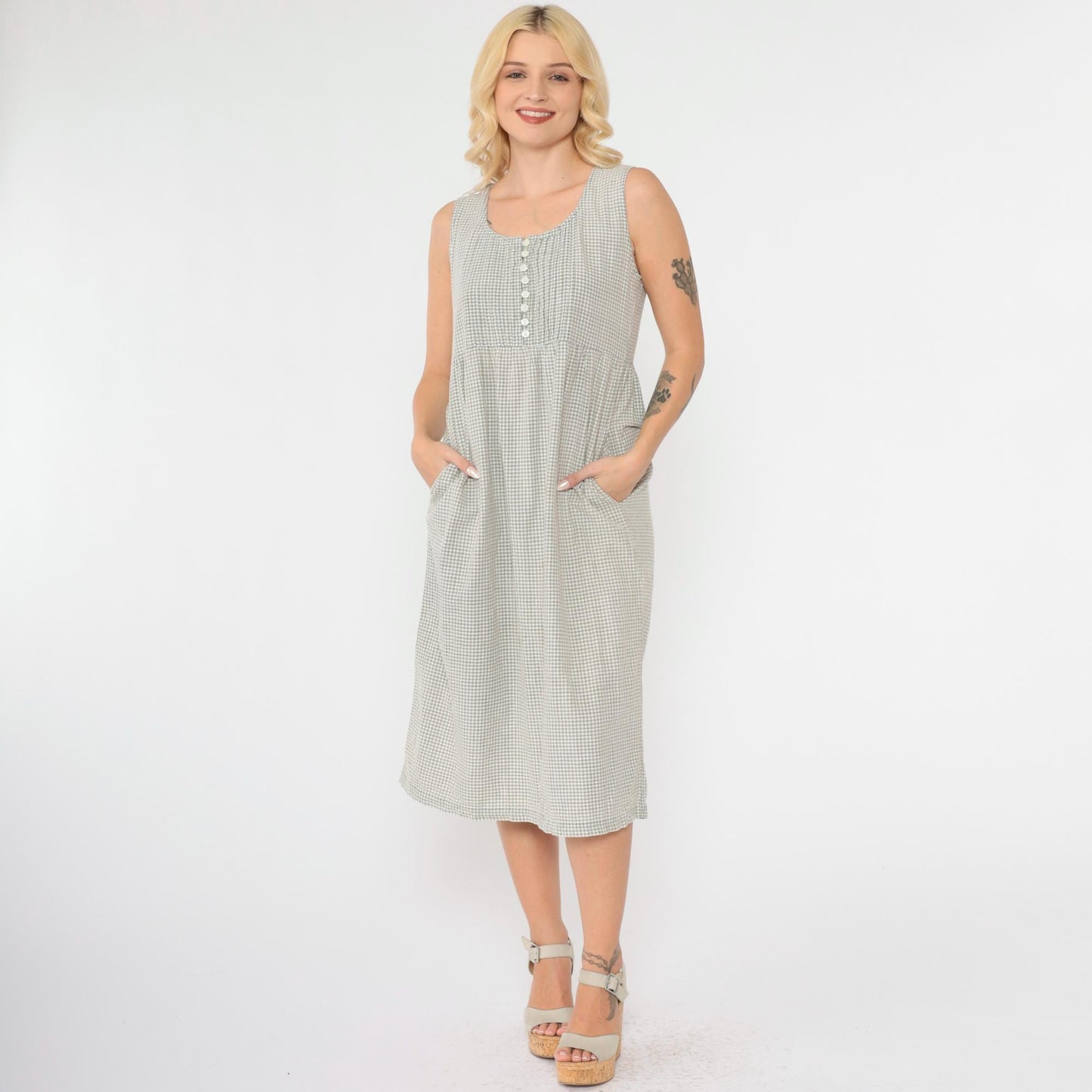 90s Taupe Gingham Jumper Dress Button Front Midi Sleeveless Small Petite