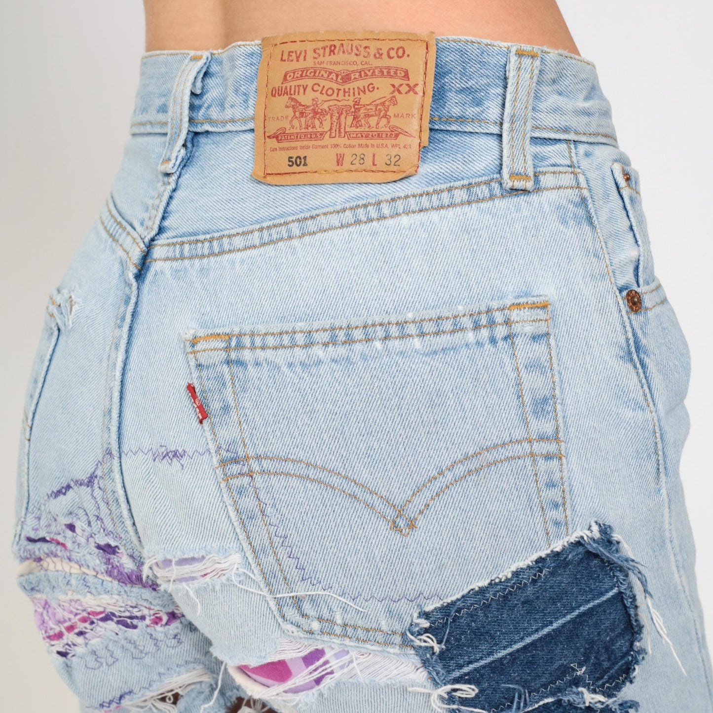 90s Levi's 501 Straight Leg Jeans Blue Distressed Ripped Patches Small W28 L32