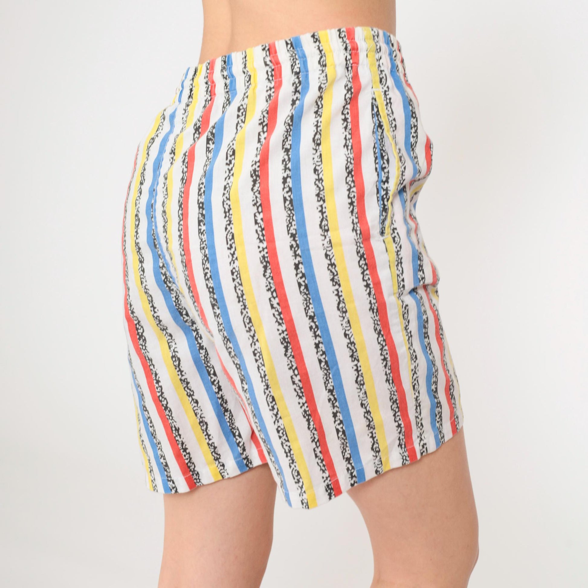 90s Striped Shorts Red Yellow White Elastic Waist Cotton Blend Small