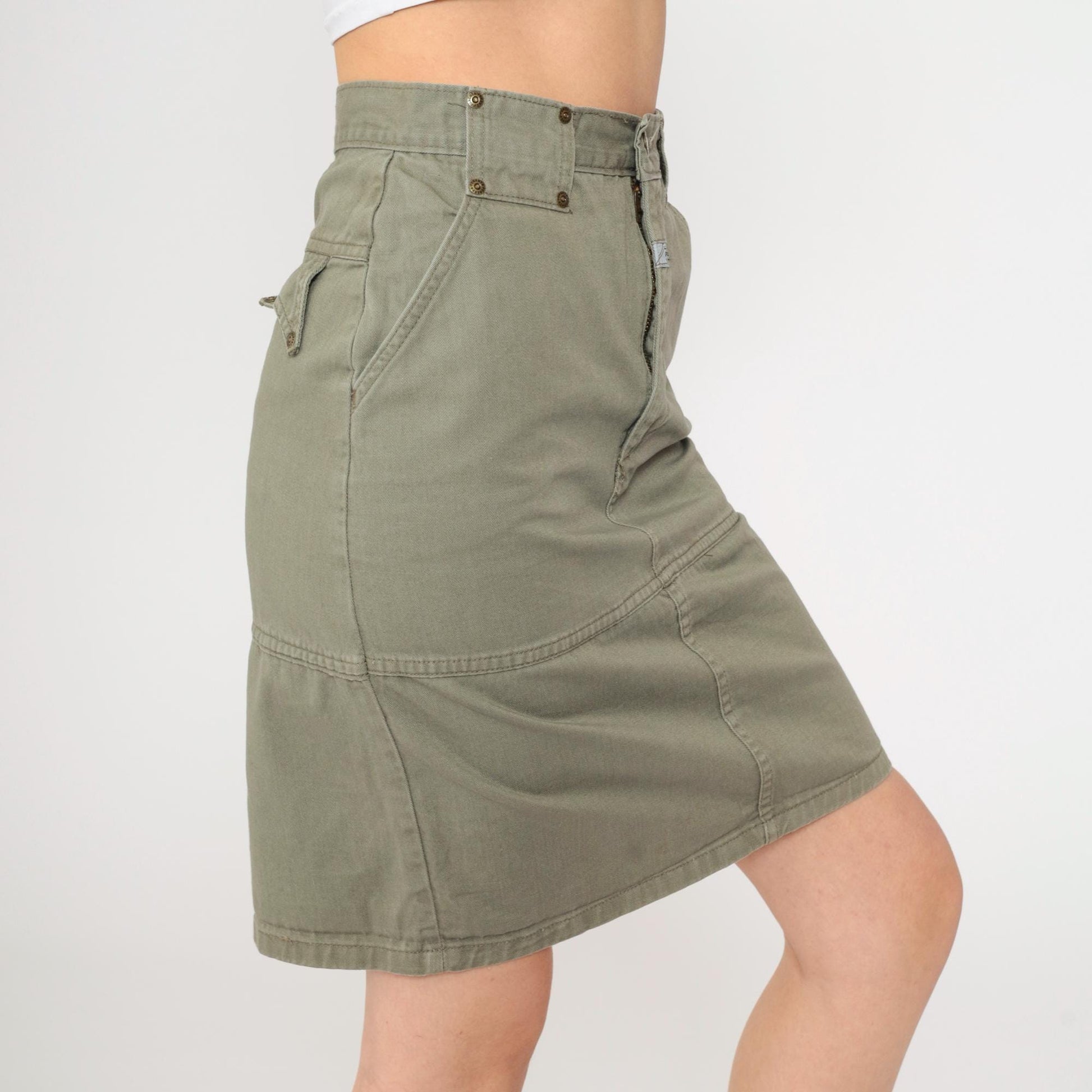 90s Forenza Olive Cargo Mini Skirt High Waist Cotton Utility Small 4